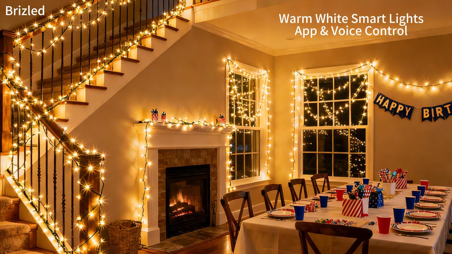 Image of Brizled Smart String Lights, 65.61ft 200 LED Christmas Lights with APP & Voice Control, WiFi Christmas Fairy Light Warm White Music Sync Xmas Tree Lighting Green Wire for Home Xmas Tree Party Decor