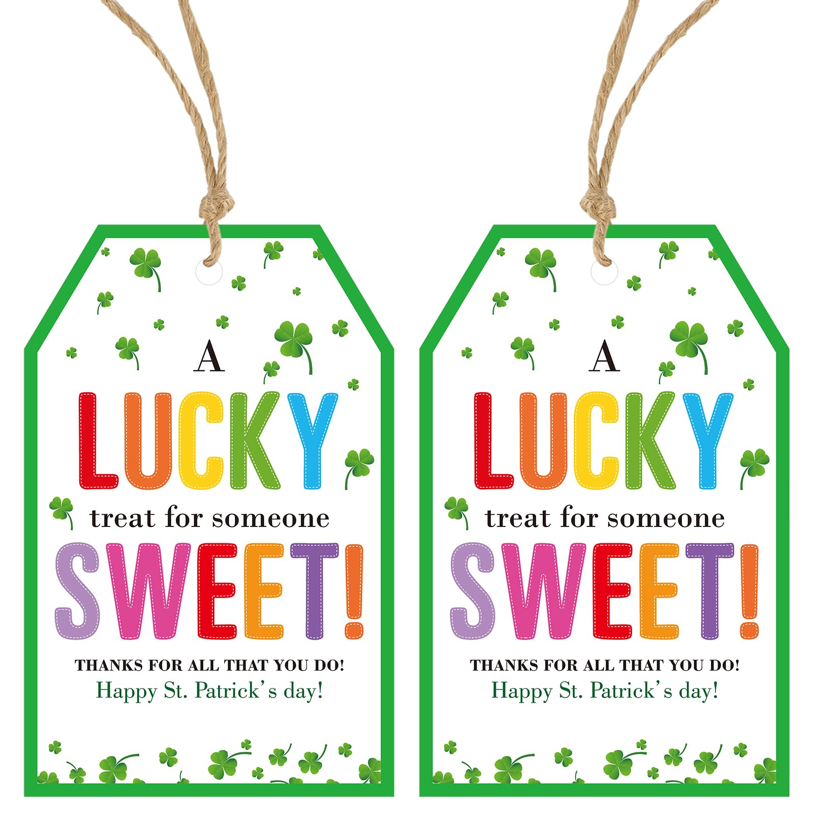 Anwyll St.Patrick's Day Gift Tags - 50Pcs Happy St.Patrick's Day Tags with String Personalized Irish Shamrock Lucky Clover Hanging Paper Tag Thanks for All You Do Tag A Lucky Treat for Someone Sweet
