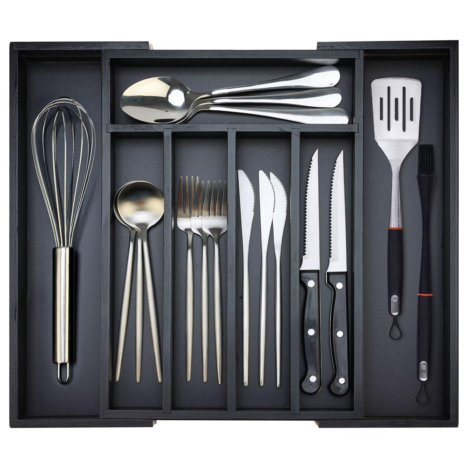 Ayiaren Organizador de cajones expandible, organizador de cubiertos de bambú grande, bandeja ajustable para cubiertos, de madera negra, divisor de cajones, organizador de utensilios de cocina,