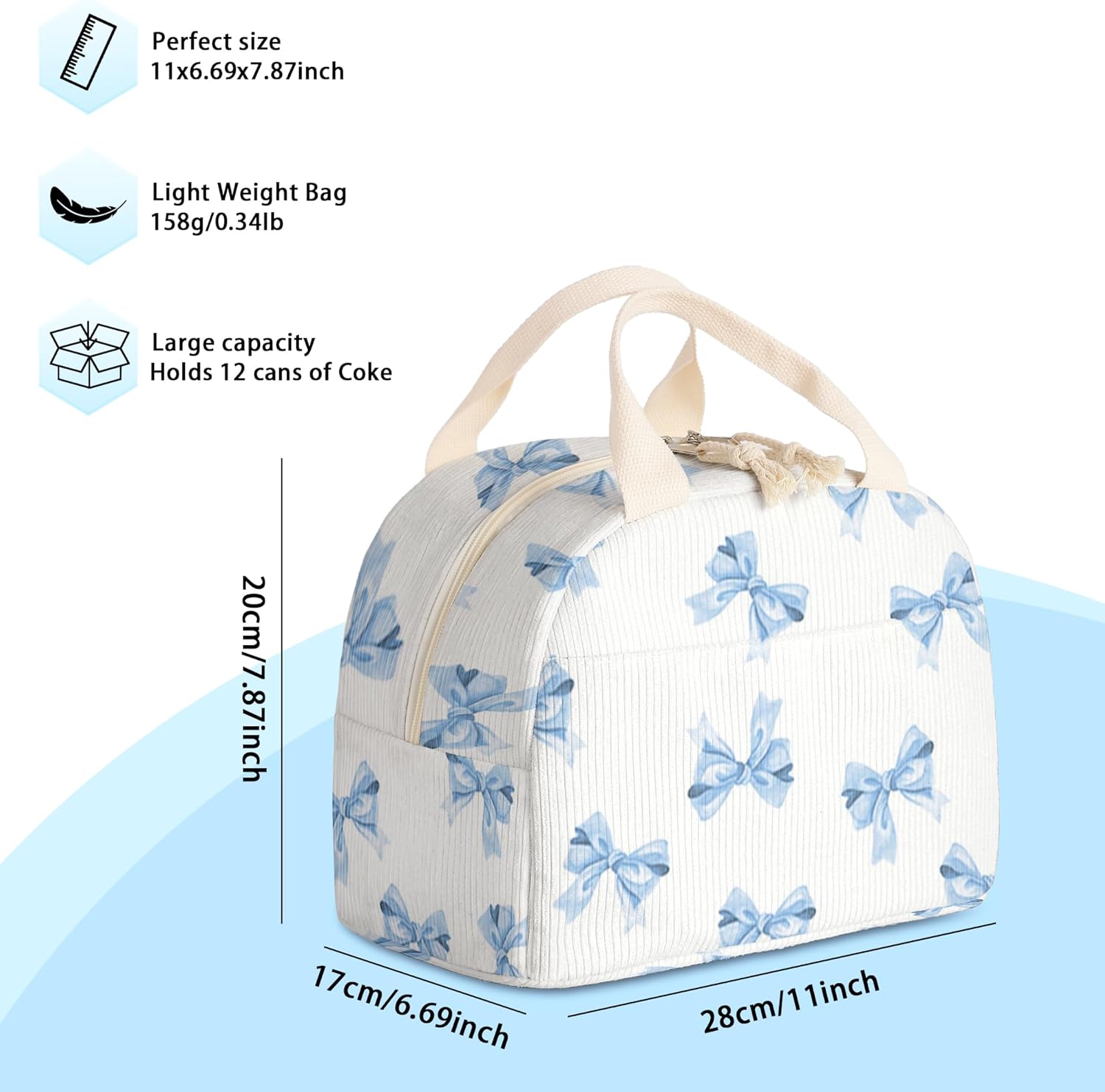 lunch bag for women,bento box adult for work,insulated lunchbox cooler containers,leakproof corduroy lunchbag,lunch tote for school college offices,outdoor picnic travel (Blue Bow Tie) - Image 2