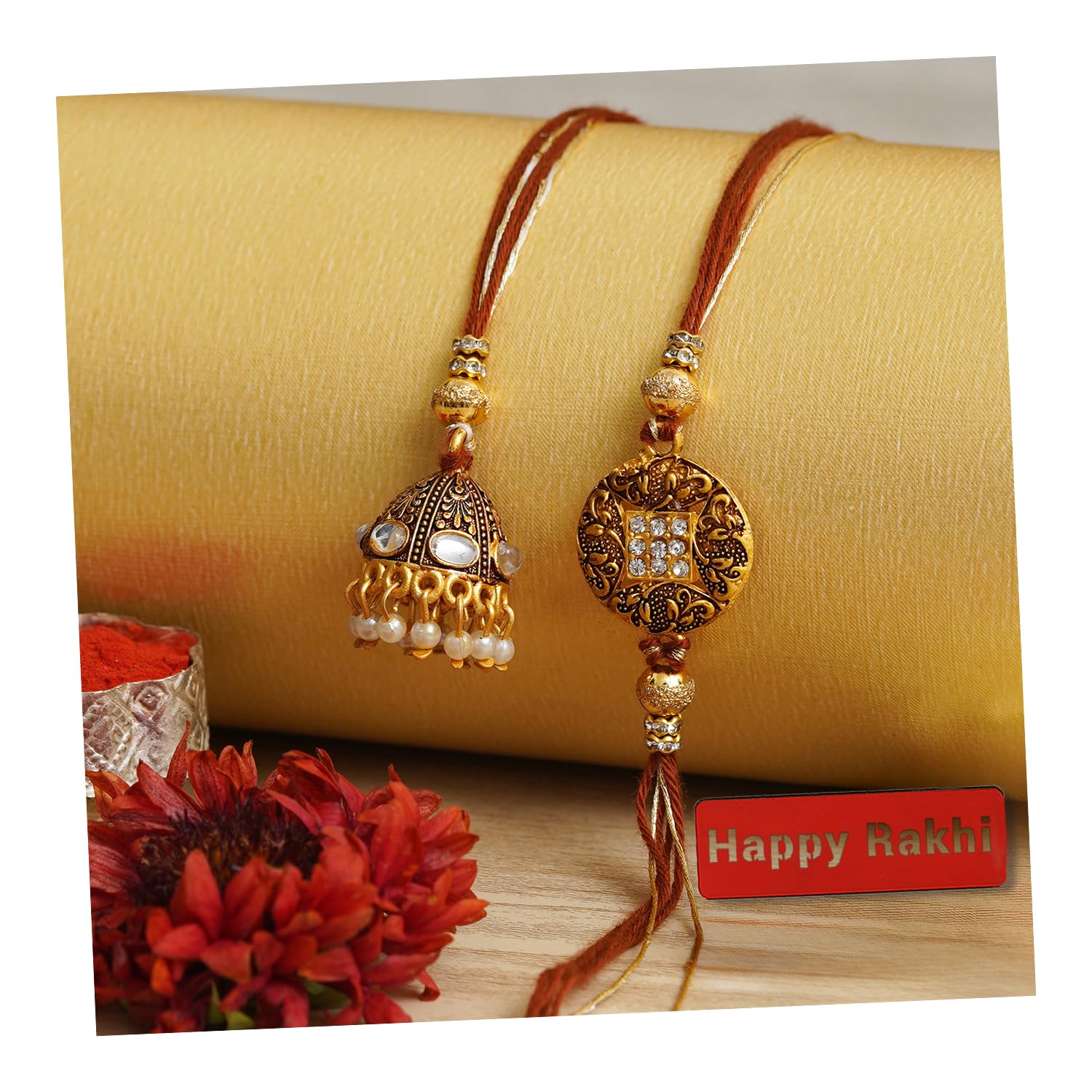 eCraftIndia Brown & Golden Bhaiya Bhabhi Rakhi Set with Roli Chawal Pack - Rakhi for Brother, Bhaiya, Bhai - Lumba Rakhi for Bhabhi, Sister (B0C6PYK7LW) Amazon Price History, Amazon Price Tracker