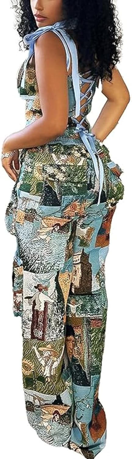 Women‘s Sexy 2 piece Outfits for Women Tube Corset Top and Boho Print Cargo Pants Set with Multi-Pocketed - Image 4