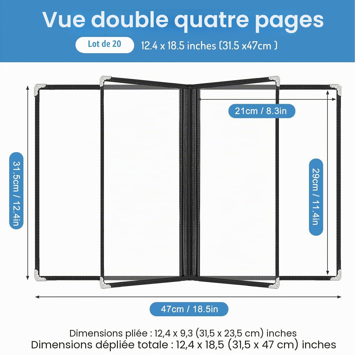WenYa Lot de 20 couvertures de menu A4, 4 pages, 8 vues de style café, bordure noire, couverture transparente pour menu du vin avec protections d'angle en métal, compatible avec du papier format A4