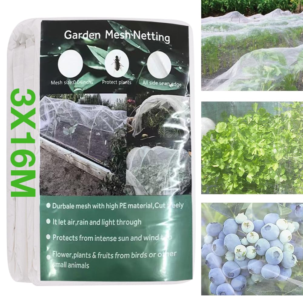 Garden Netting for Veg Patch Fine Mesh, 3 * 16m Insect Netting Mesh, Butterfly Garden Netting, Garden Vegetable Plant Protect Netting, Mosquito Net for Flowers Crops Fruits Greenhouse
