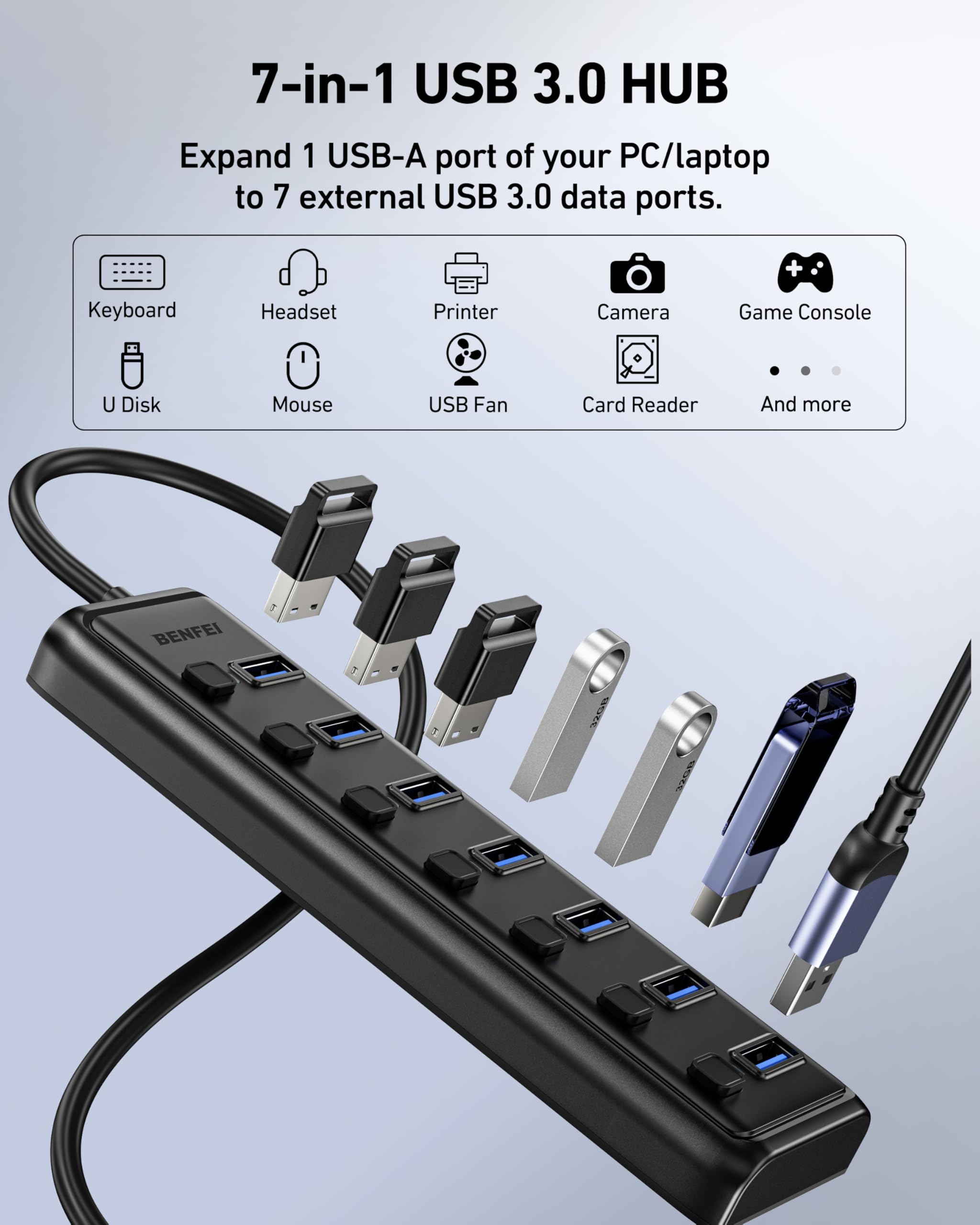 BENFEI Hub USB 3.0 7 Ports avec Câble 1 mètre Compatible MacBook Pro Air Mac Pro Mac Mini iMac Surface Pro XPS PC Clé USB Disque Dur Mobile