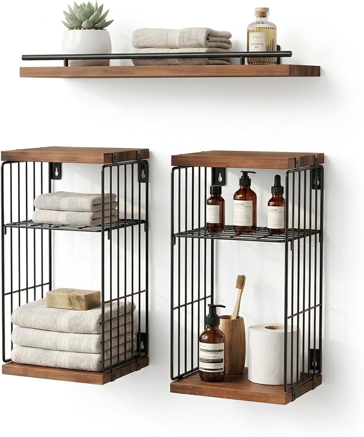 RoleDes Floating Shelves for Bathroom,Over Toilet Storage & Wall Organization, Toilet Paper Holder,Rustic Farmhouse Decor 3 Piece Set