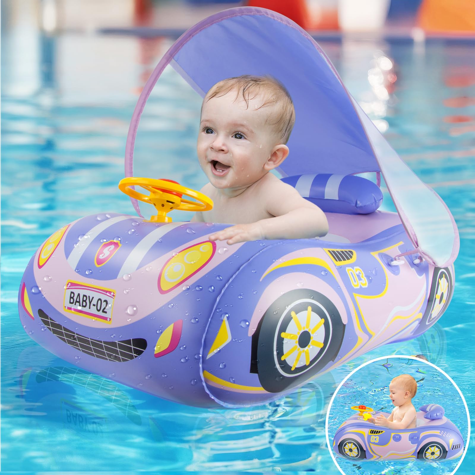 Oziral Flotadores para Bebes Toldo Extraíble Ajustable Asiento de Natación para Bebés Piscina para Niños Anillo de Flotador Bebé Forma de Coche Ayuda para Nadar 6-36 Meses