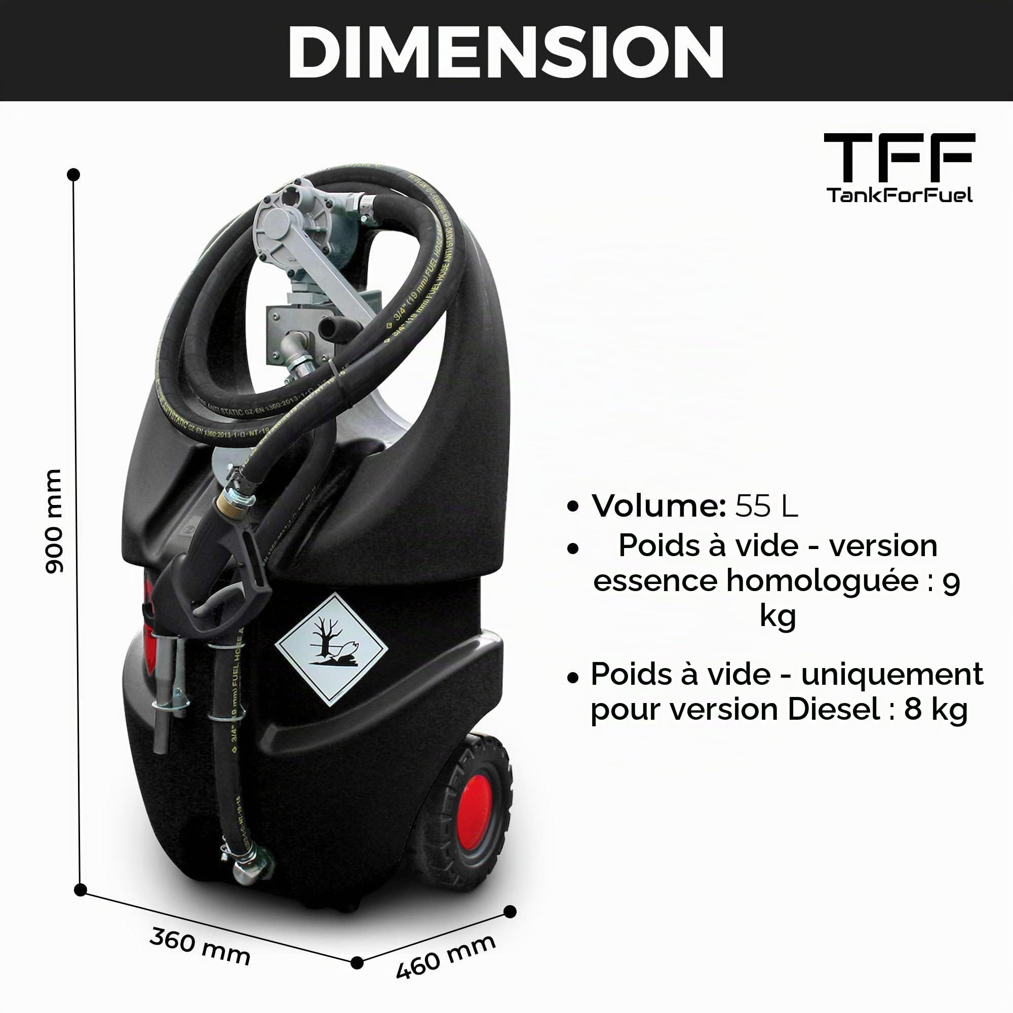 Réservoir Essence Mobile 55L Certifié ATEX, Pompe à Essence Manuelle de Ravitaillement, Débit 30 l/min avec Tuyau Antistatique de 3 Mètres, Réservoir de Carburant Mobile pour un Remplissage Efficace