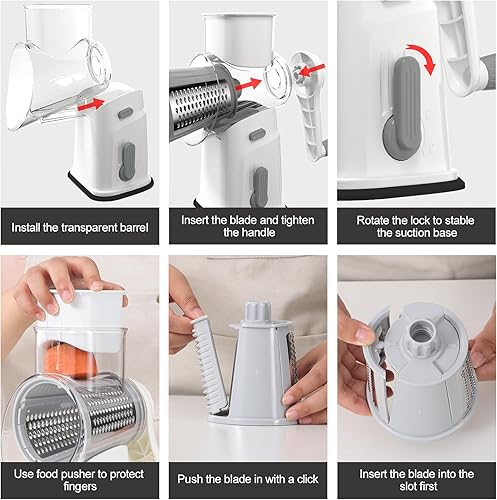 Miniatura 9 de Ourokhome Rallador rotativo de queso, triturador de queso, rebanador de verduras mandolina con 5 cuchillas intercambiables y base de succión fuerte