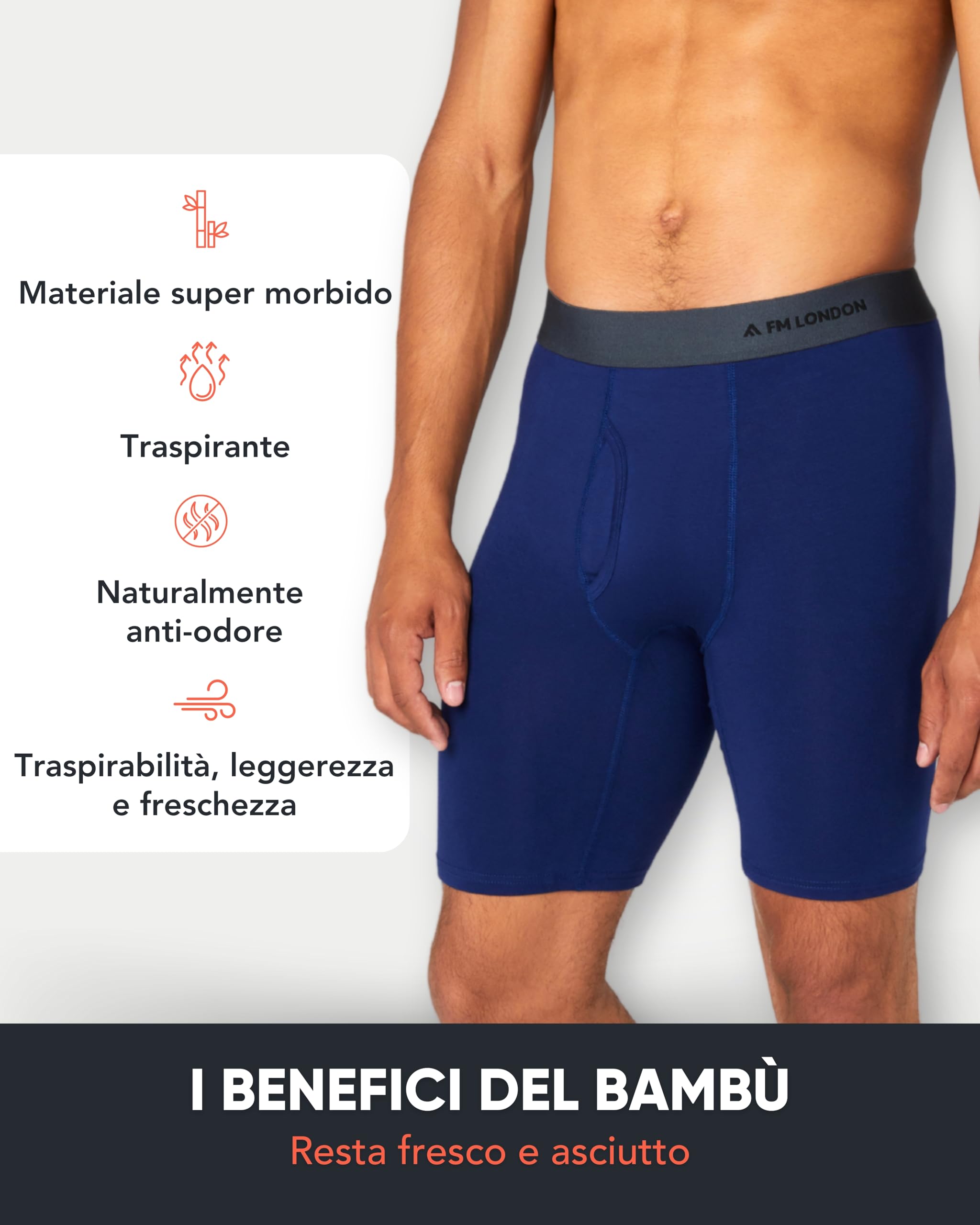 FM London Boxer Uomo Bamboo a Gamba Lunga Confezione da 4 - Boxer Uomo Lunghi Super Morbidi, Anti-Sfregamento, Traspiranti, con Apertura Frontale a Fessura