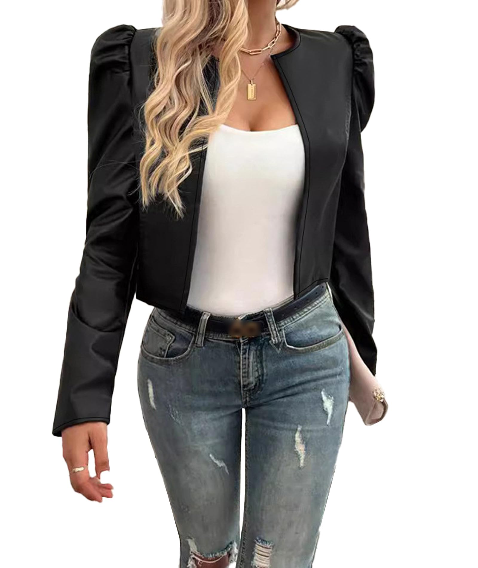 Faux Leather Jacket Womens Girls Pink Puff Sleeve Cropped Blazer