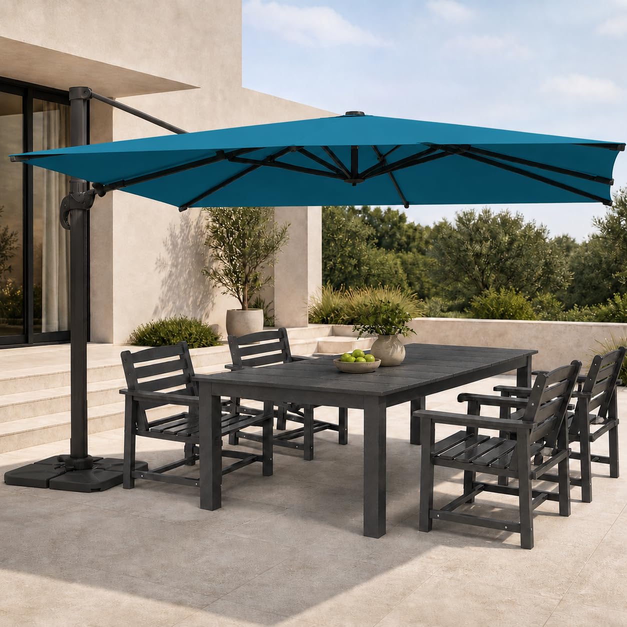 Condition photo showing As Is for cantilever patio umbrella, large square outdoor offset umbrella with aluminum pole, 360-degree rotation for garden, deck, pool
