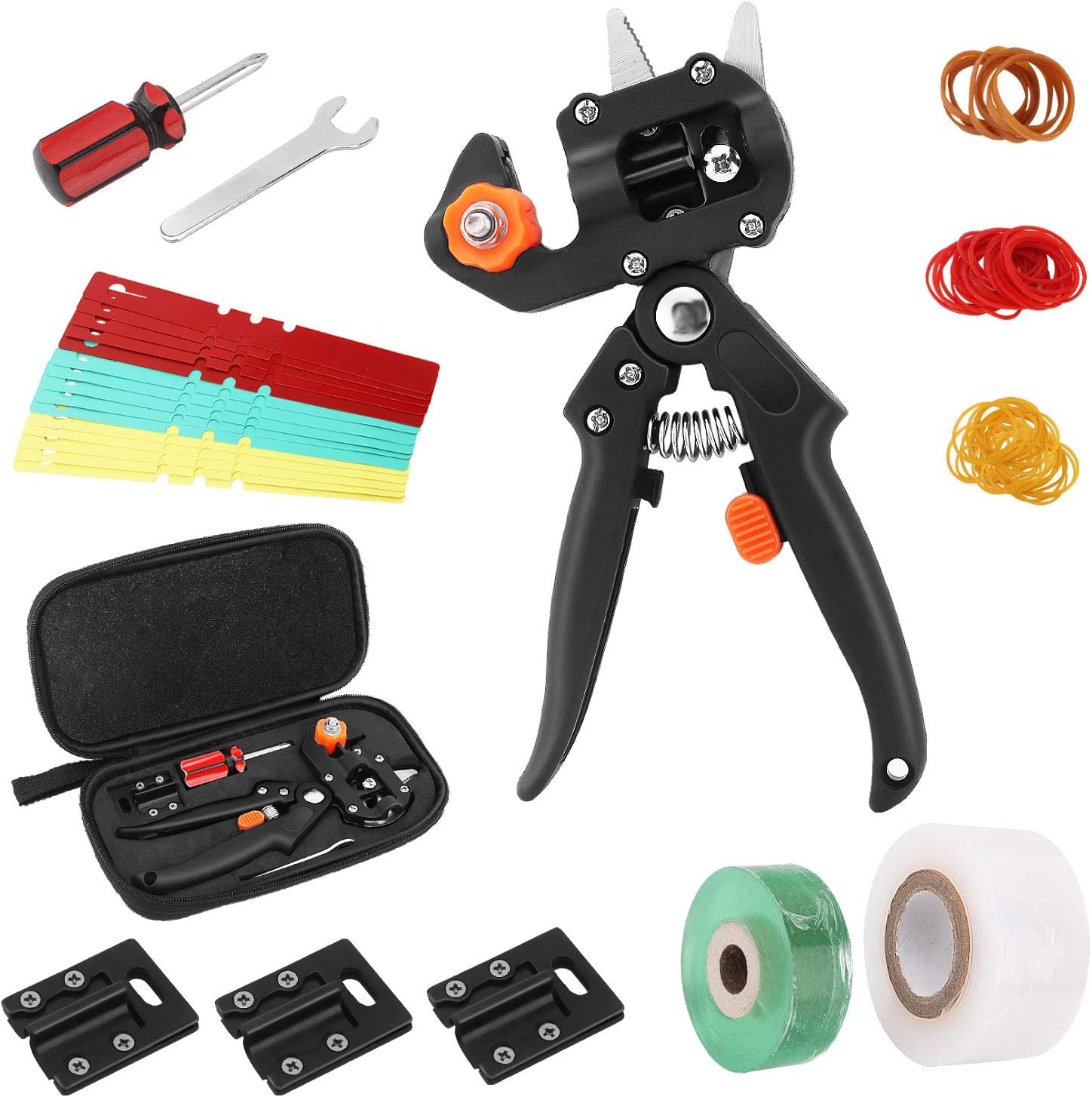 Nuovoware Garden Grafting Tool Pruner Kit, Plant Branch Twig Fruit Tree Pruning Pruner Shear Scissor 2 in 1 Grafting Cutting Tool with Grafting Tapes Rubber & Label Card - Black
