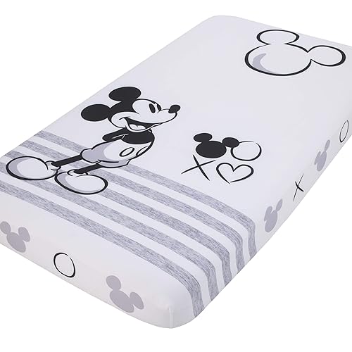 Disney Mickey Mouse - Sábana bajera ajustable para cuna, color gris, marfil y negro