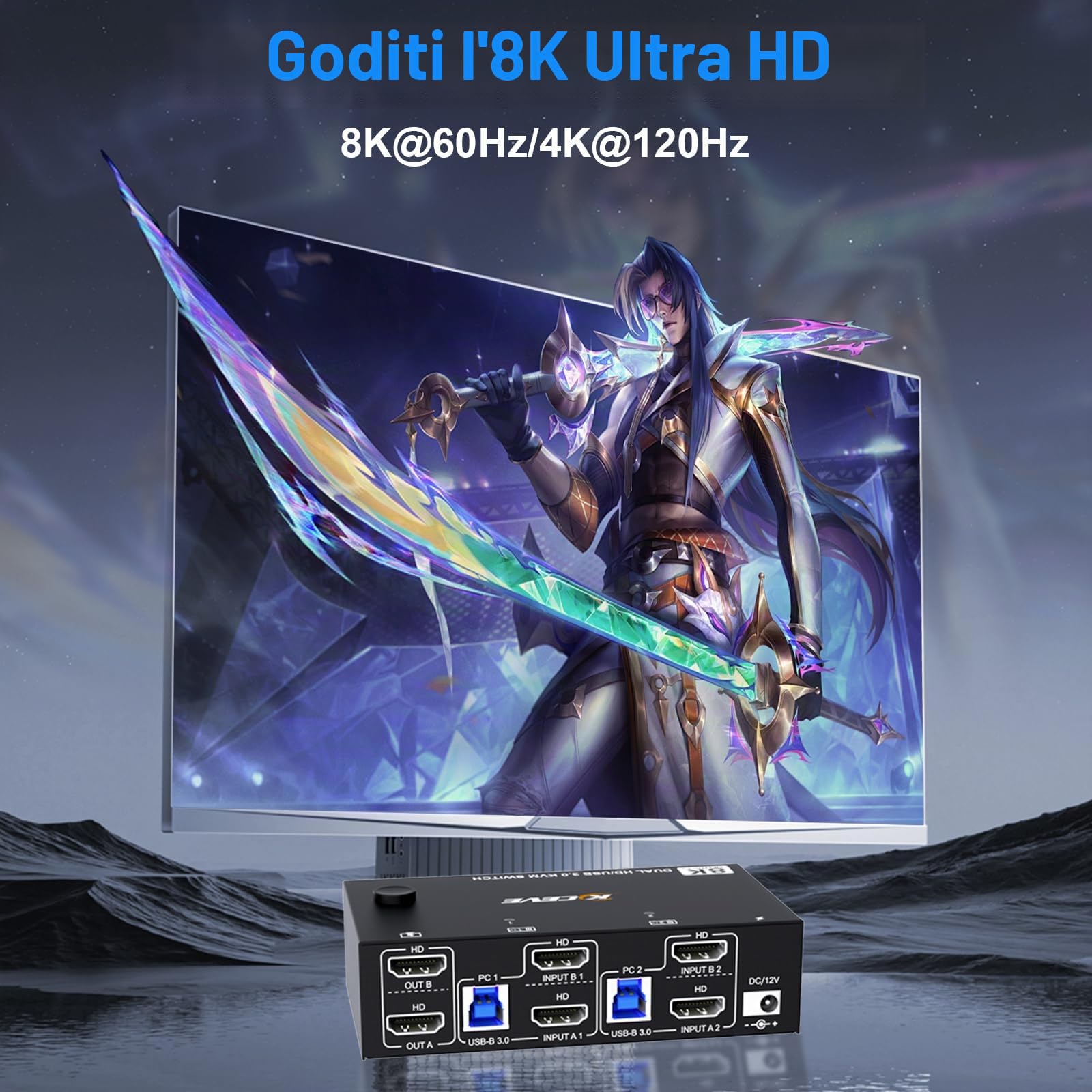 Switch KVM HDMI per 2 computer e 2 monitor, 8K@60Hz/4K@120Hz Dual Monitor KVM Switch per 2 PC, per la condivisione di 2 monitor e dispositivi USB 3.0, con cavi USB, controller e alimentatore di rete