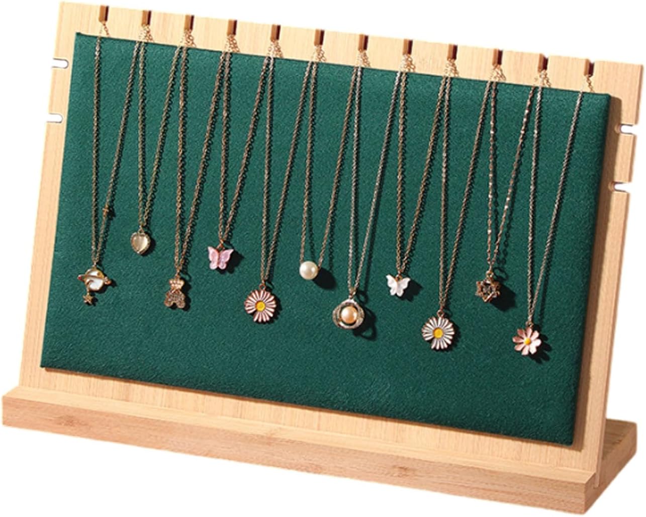 TANG SONG 8.8'' x 15.6'' Horizontal Wooden Flannelette Necklace Display Stand - Soft Mat Jewelry Organizer for Multiple Bracelets & Chains (Green, Extra Large)