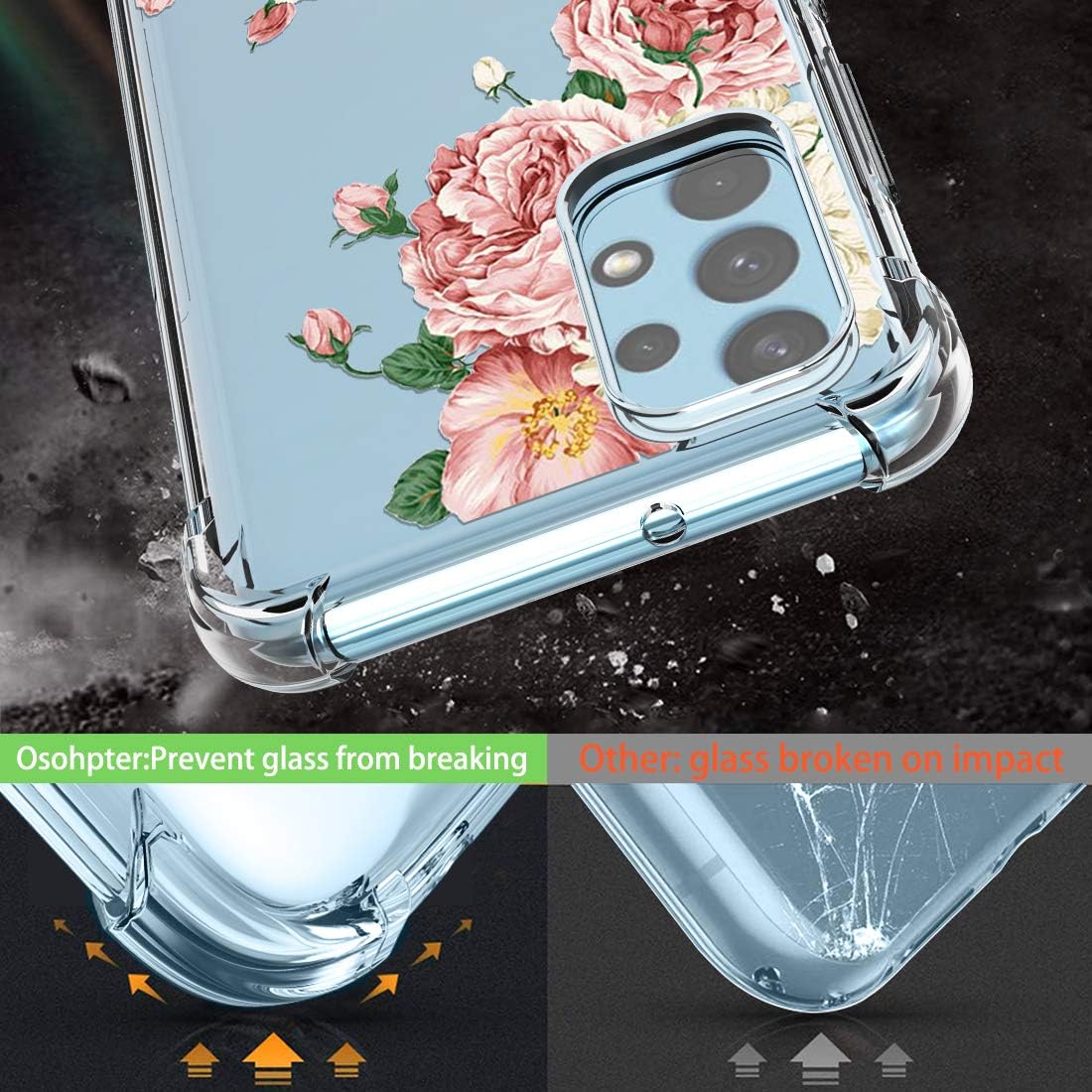 Osophter for Galaxy A32 4G Case with 2pcs Screen Protector Clear Transparent Reinforced Corners TPU Shock-Absorption Flexible Phone Cover for Samsung Galaxy A32 4G 6.4"(Big Rose Flower)