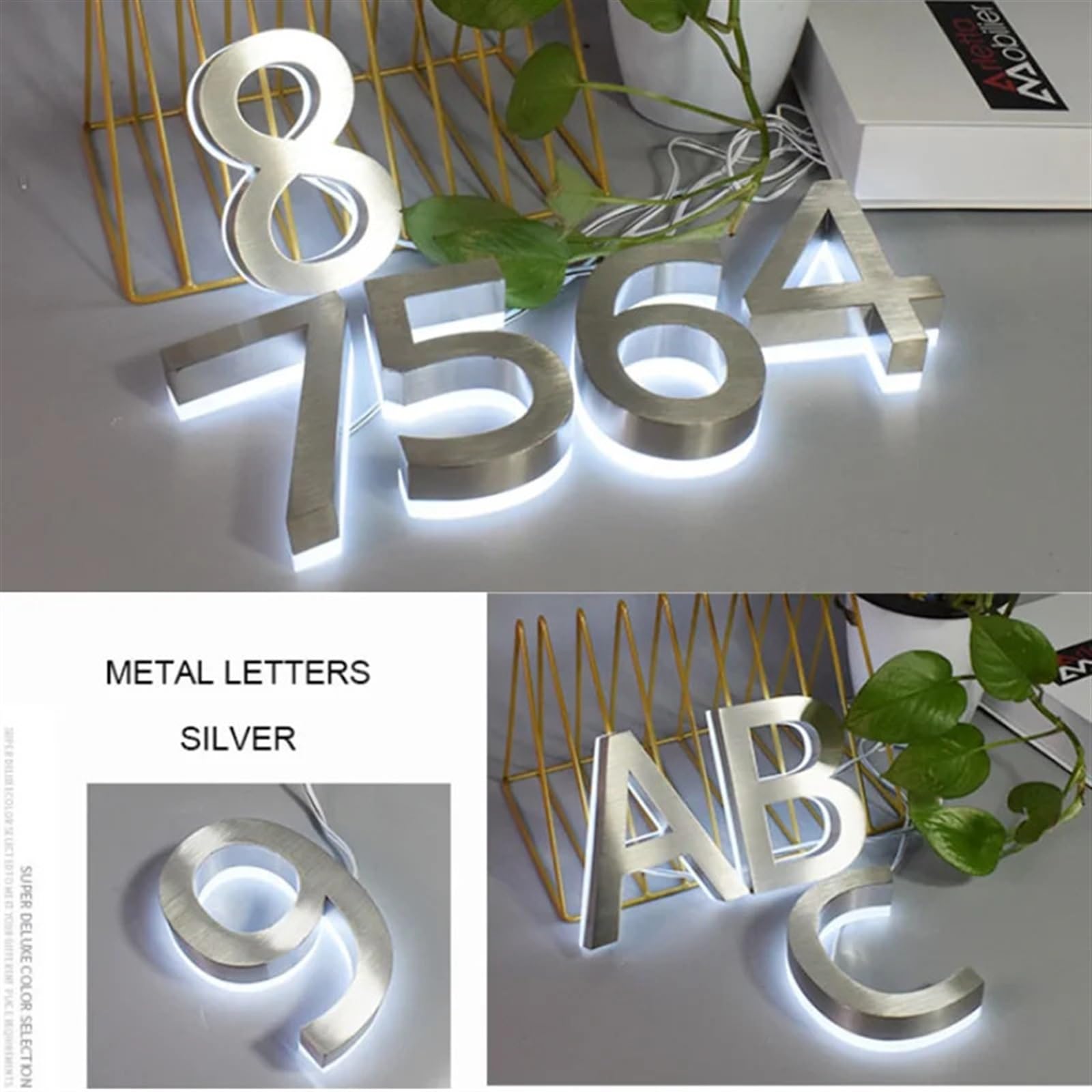 Letrero LED 3D personalizado con número de casa, placa de dirección de acero inoxidable impermeable con retroiluminación para hogar y hotel, placa de puerta compatible con energía solar (2.5 pulgadas)