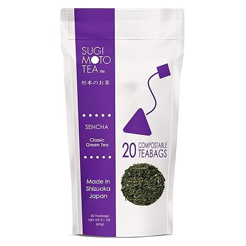 SUGIMOTO TEA Bolsas de té verde sencha japonesas, 20 unidades, paquete de 1