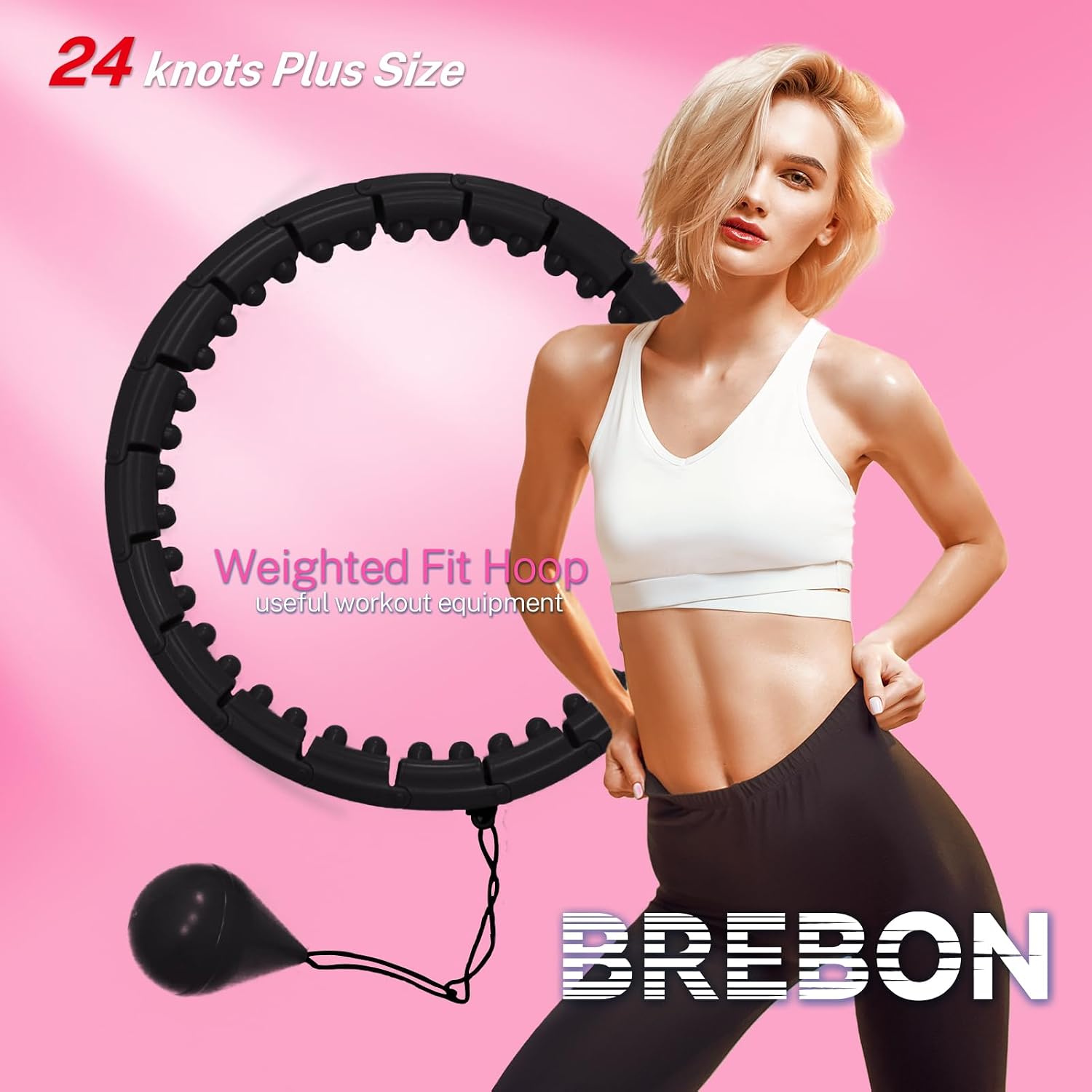 Brebon Weighted Hoola Exercise Fit Hoops Plus Size for Weight Loss, 2 in 1 Weight Loss 24 Detachable Knots Fitness Abdomen Equipment Hoops Adjustable Auto-Spinning Ball for Adult