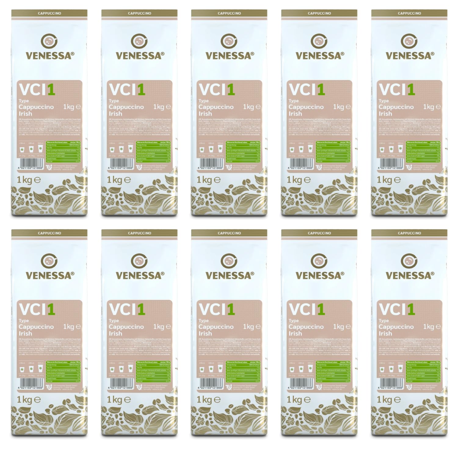 VENESSA VCI1 Cappuccino Irish 10 x 1 kg bardzo wydajny, opakowanie zapasowe, rozpuszczalna kawa irlandzka, aromatyczna, wszystkie ekspresy do kawy Vending & Office