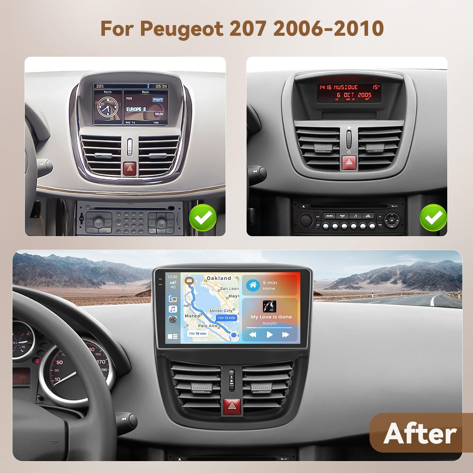 【4+128GB】 Hikity Radio Coche Android 15 para Peugeot 207 2006-2010 con Carplay Android Auto Inalambrico, 9'' Incell Pantalla táctil con BT/GPS/WiFi/FM/RDS+Cámara Trasera+Mic