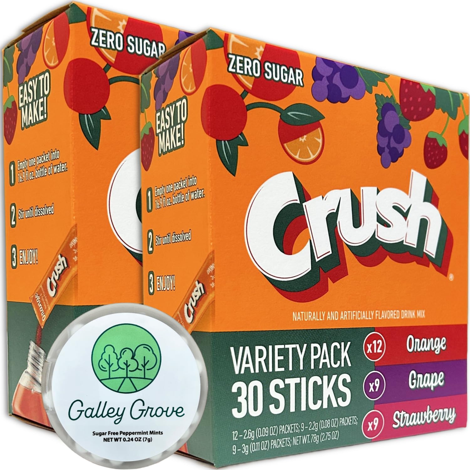 Crush Sugar-Free Powder Drink Mix Variety Pack (Orange, Grape, Strawberry), 60 On-the-Go Packets (30-Ct Boxes, 2-Pack) with Galley Grove Sugar-Free Breath Mints