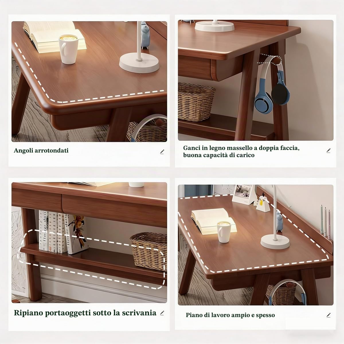 Scrivania in legno massello con 2 cassetti, scrivania classica per computer per casa e ufficio, tavolo da toeletta, postazione di lavoro semplice per camera da letto e studio, facile da montare (noce