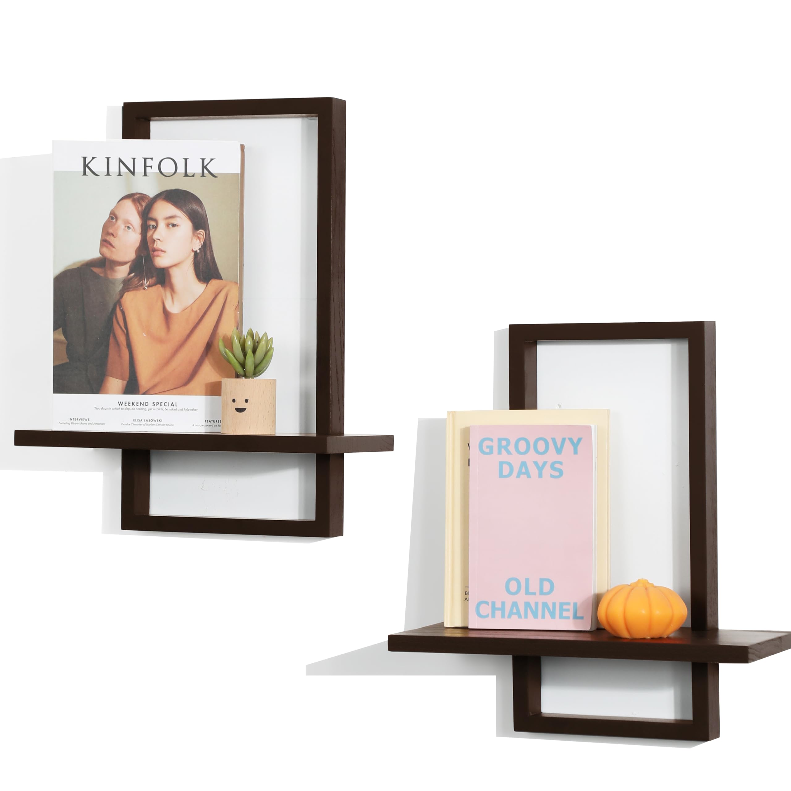PHOENANCEE Oak Frame, Floating Shelves for Wall Square Storage Shelf for Living Room Bedroom, L+S, Set of 2, Walnut
