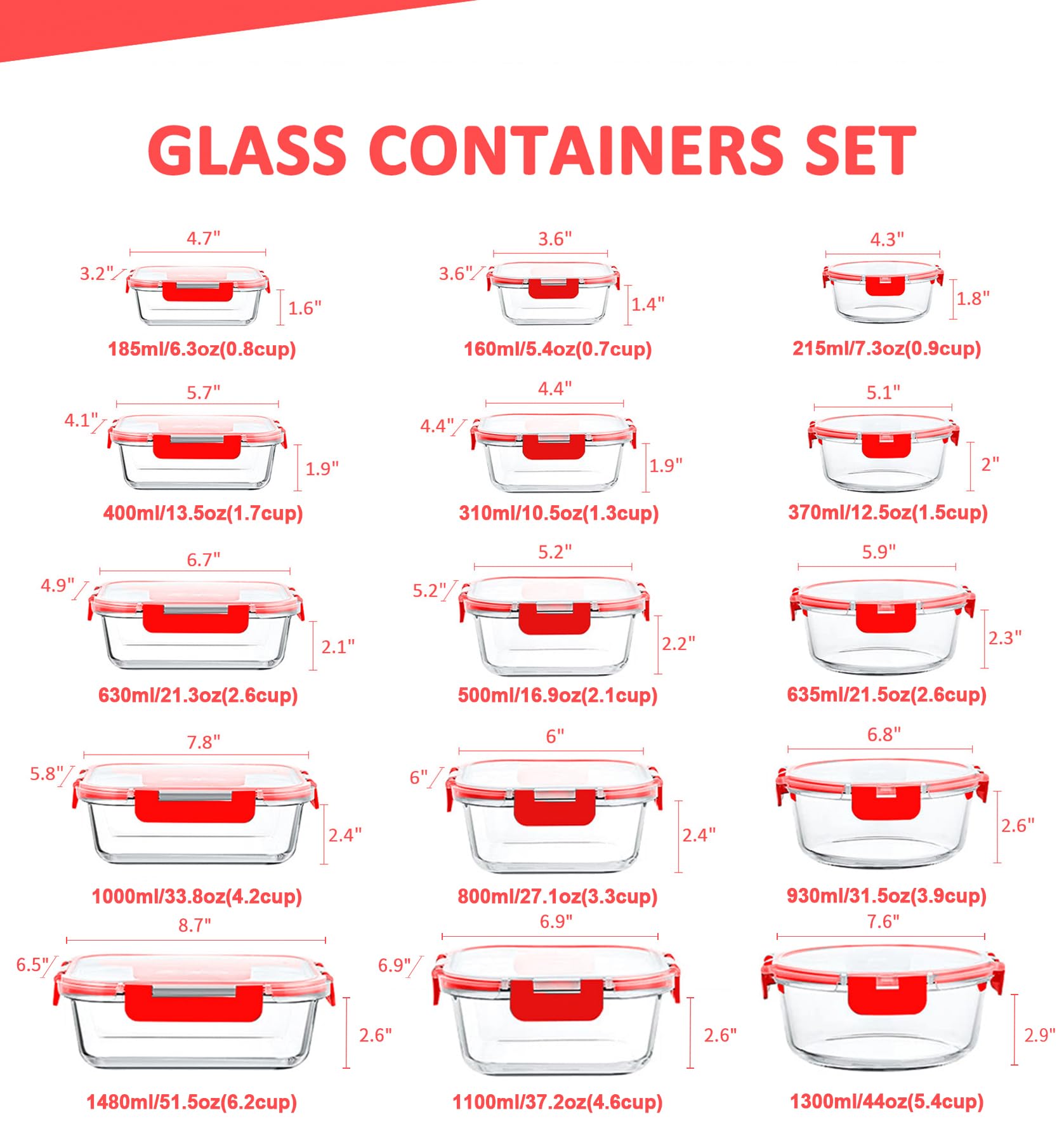 Juego de recipientes de vidrio para la preparación de alimentos con tapa de cierre a presión, recipientes herméticos para el almuerzo de vidrio, sin BPA, microondas, horno, congelador y lavavajillas