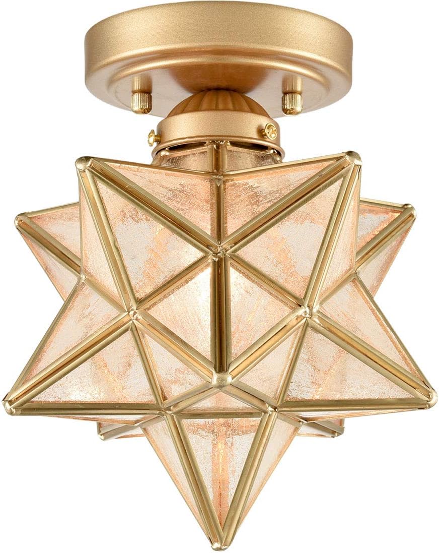 HOLKIRT Brass Modern Moravian Star Ceiling Light mini Semi-Flush Mount Light with 8 Inch Seeded Glass for Entryway, Bedroom, Closet, Kitchen, Bathroom