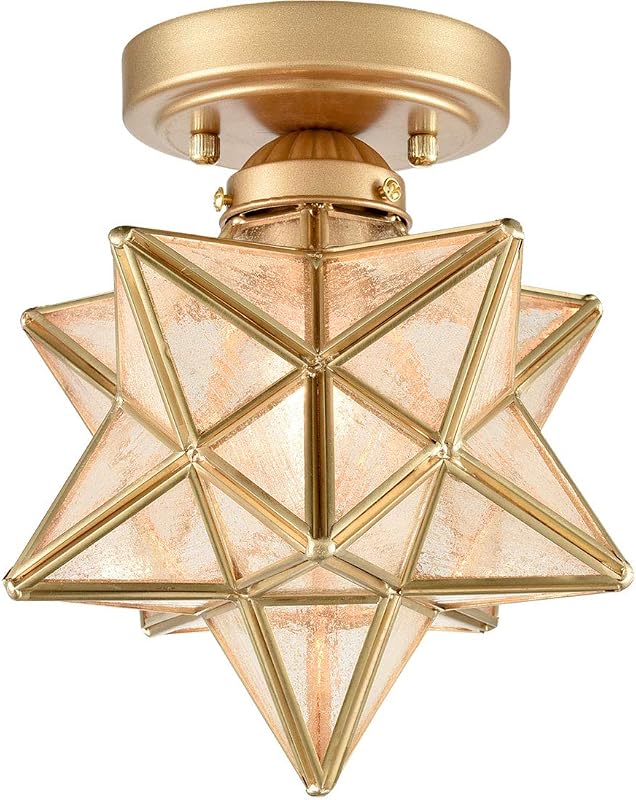 HOLKIRT Modern Brass Moravian Star Ceiling Light, 8 Inch Seeded Glass | Mini Semi-Flush Mount Light with Seeded Glass Shade, For Entryway Bedroom Closet Kitchen Bathroom