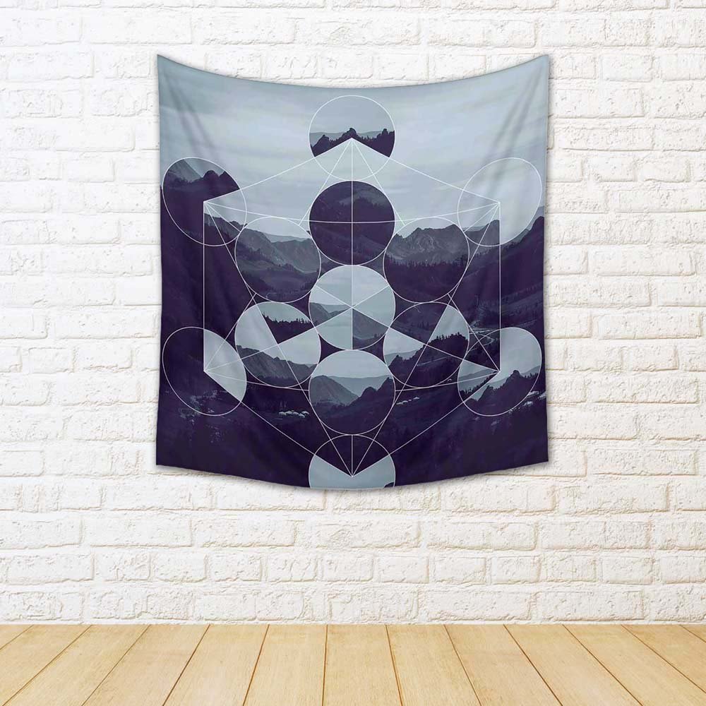 ArtzFolio Forest Mountains & The Metatrons Cube Silk Fabric Painting Tapestry | Wall Art Hanging 30 x 33.1 inch (76 x 84 cms)