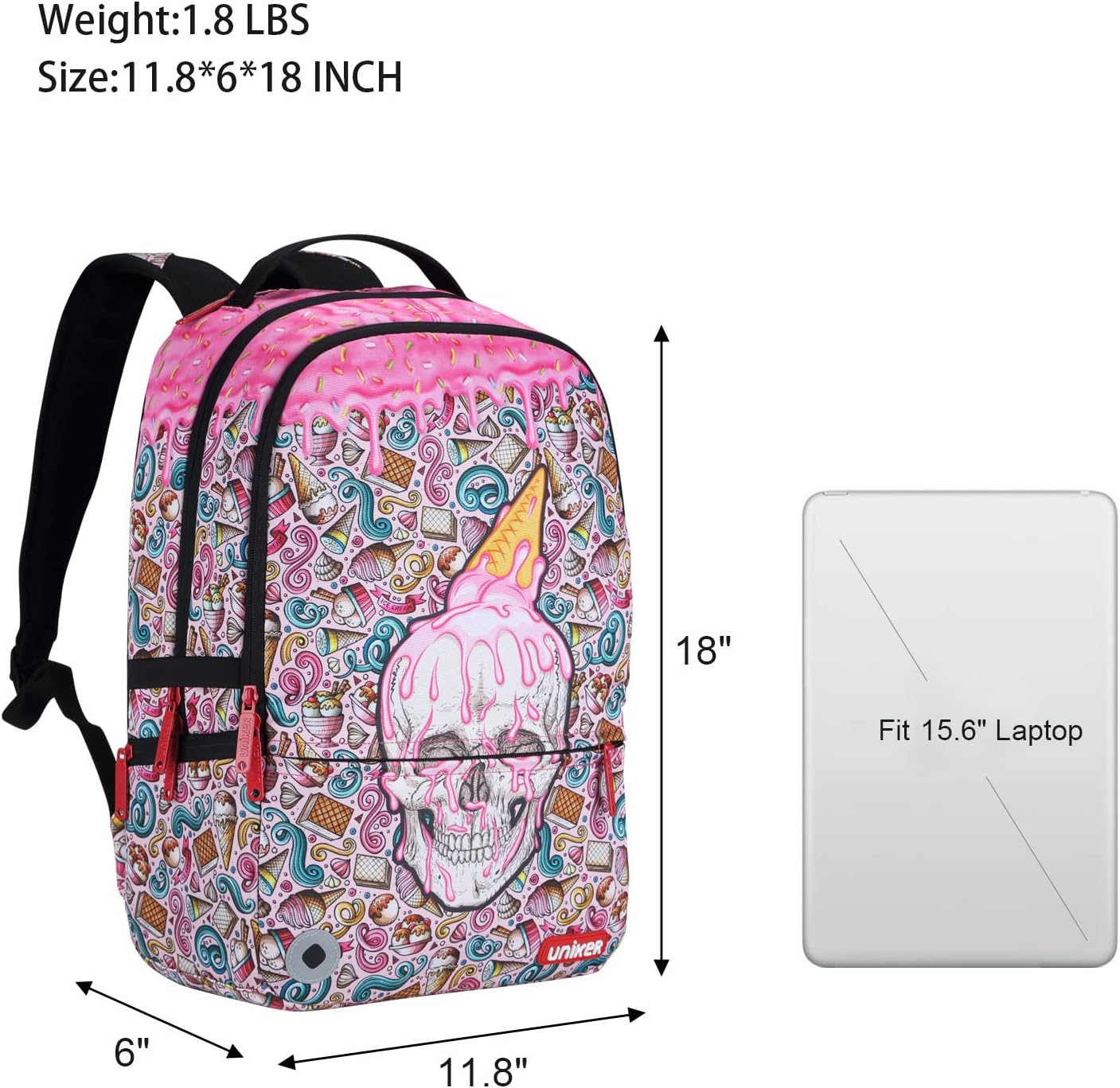 UNIKER グラフィティバックパック 学校用 20L カジュアルデイパック デザイナーラップトップバックパック 15.6インチノー