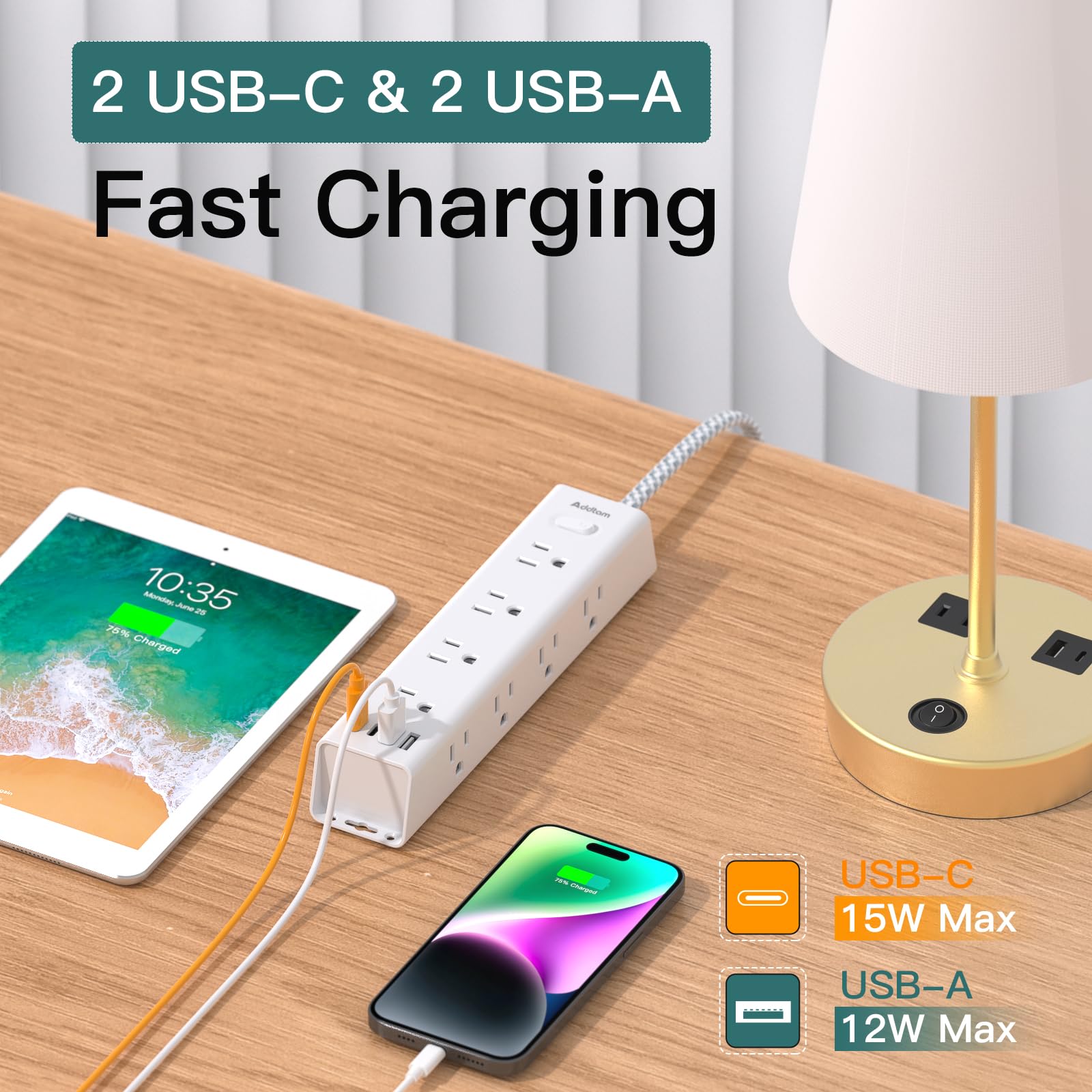 Tira de alimentación con protector de sobretensión, cable de extensión de 10 pies, regleta de alimentación con 12 salidas de CA ampliamente 3 USB, enchufe plano, protección contra sobrecarga de