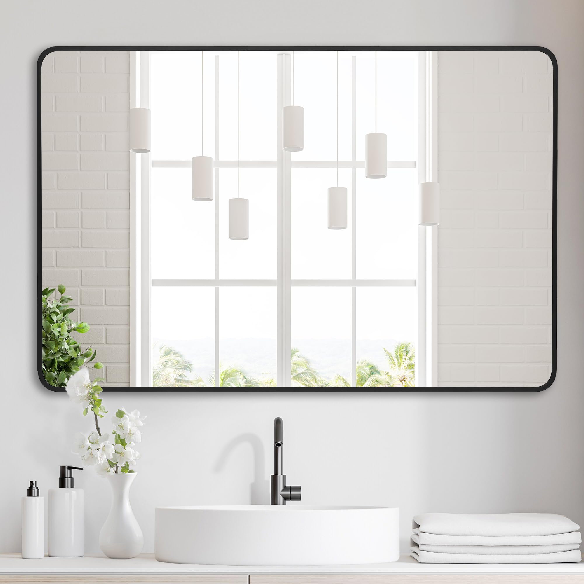 30"x40"Bathroo Wall Mirror with Matte Black Metal Frame & HD Glass, Large Vanity Mirrors Modern Rectangle Round Corner Framed - Horizontal or Vertical Installation, SIMILAR TO LOT PHOTO