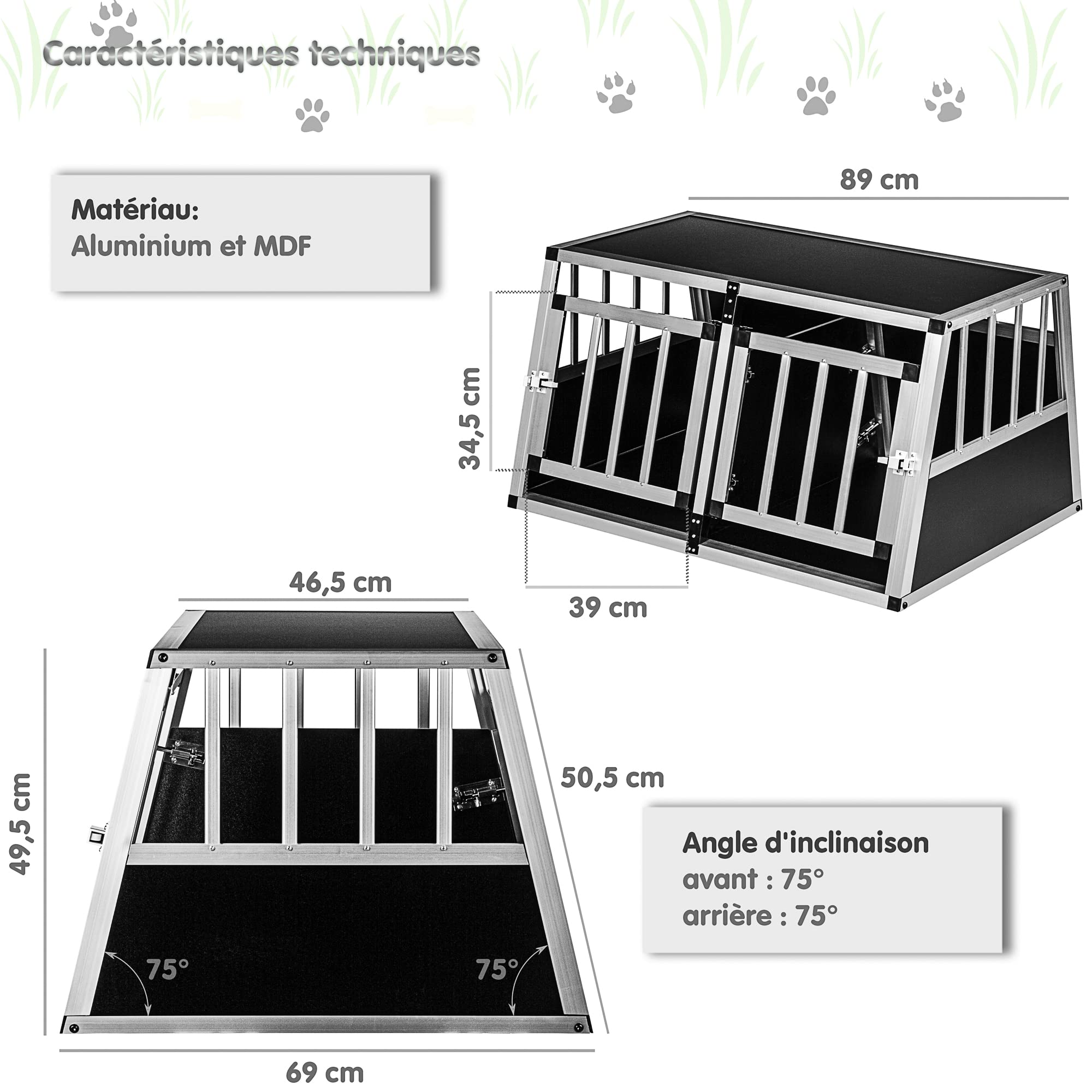 Caisse de Transport pour Chien Avant inclinée et paroi arrière 75° - Choix des Dimensions, Deux Portes, paroi de séparation