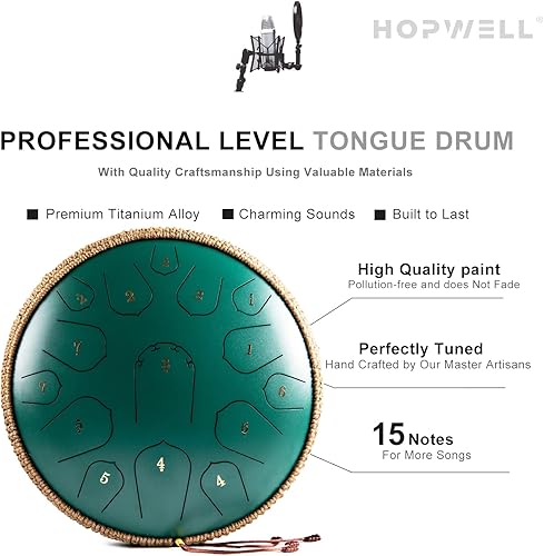 Vista 3 de Tambor de Lengua de Acero - HOPWELL 15 Notas 14 Pulgadas Tambor de Lengua - Tambores Hand Pan con Libro de Música, Mazos de Tambor Handpan de Acero