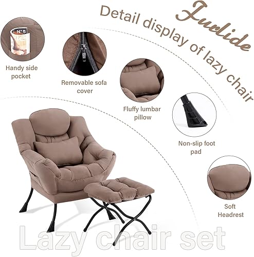 Miniatura 7 de Silla Lazy con otomana, sillón moderno con almohada lumbar, silla de lectura acogedora y reposapiés plegable para dormitorio, sala de estar, caqui