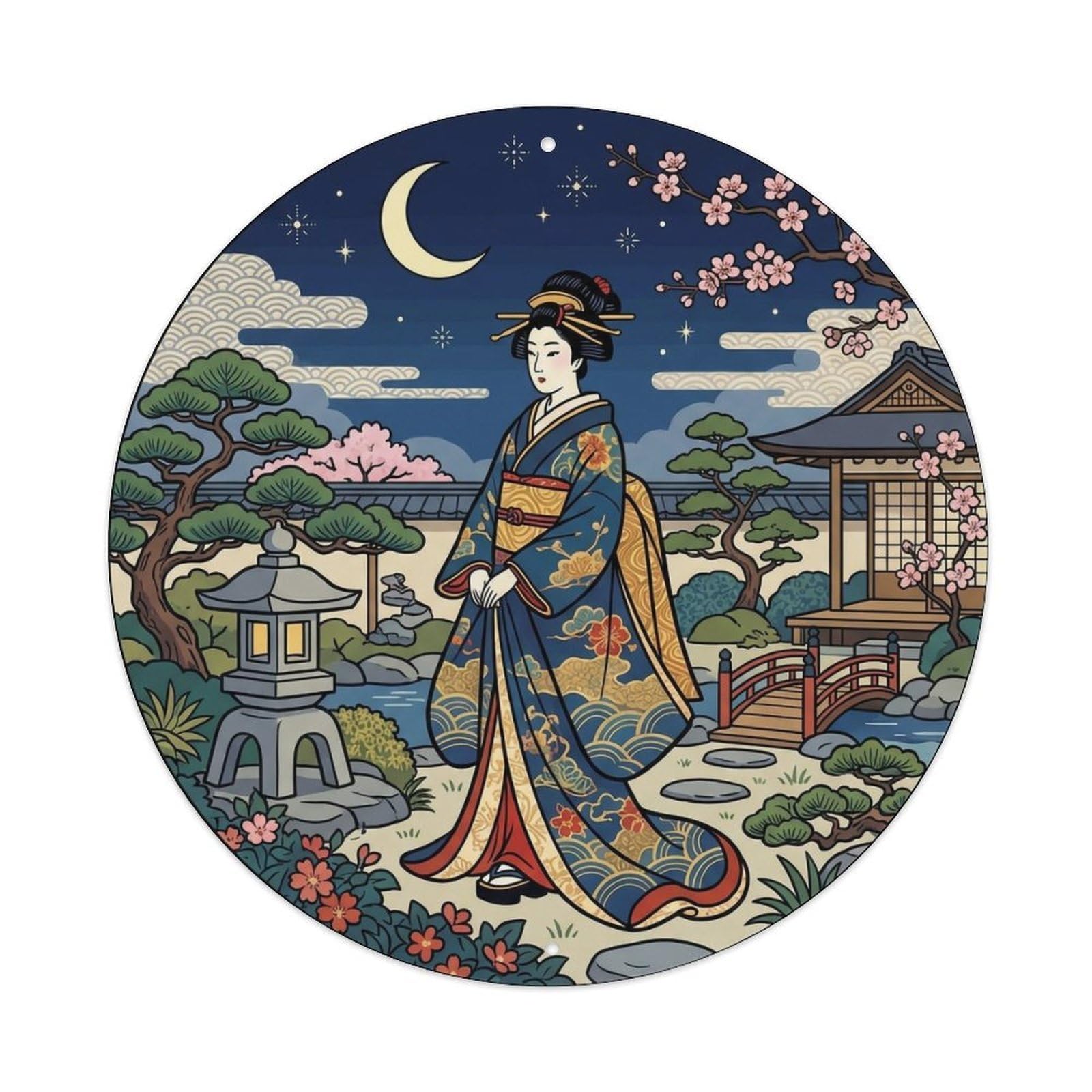 Japanese Geisha Crescent Moon Courtyard Starlight Metal Tin Sign