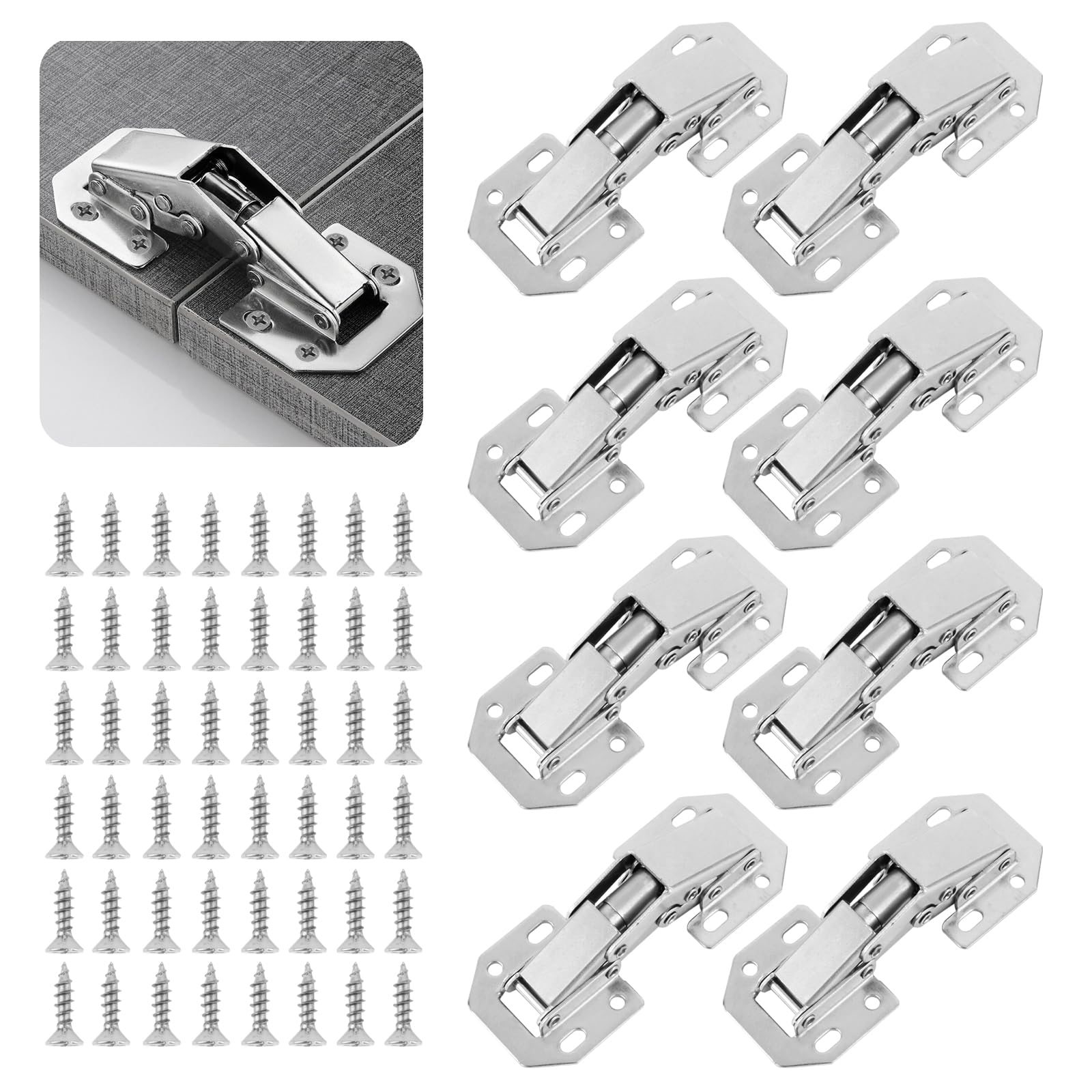 Pack of 8 Cabinet Hinges Kitchen Cupboard Hinge, Bedroom Wardrobe Door Hinges for Bathroom Bedroom Dining Room Full Overlay Mute Hydraulic Soft Close (48Pcs Screws)