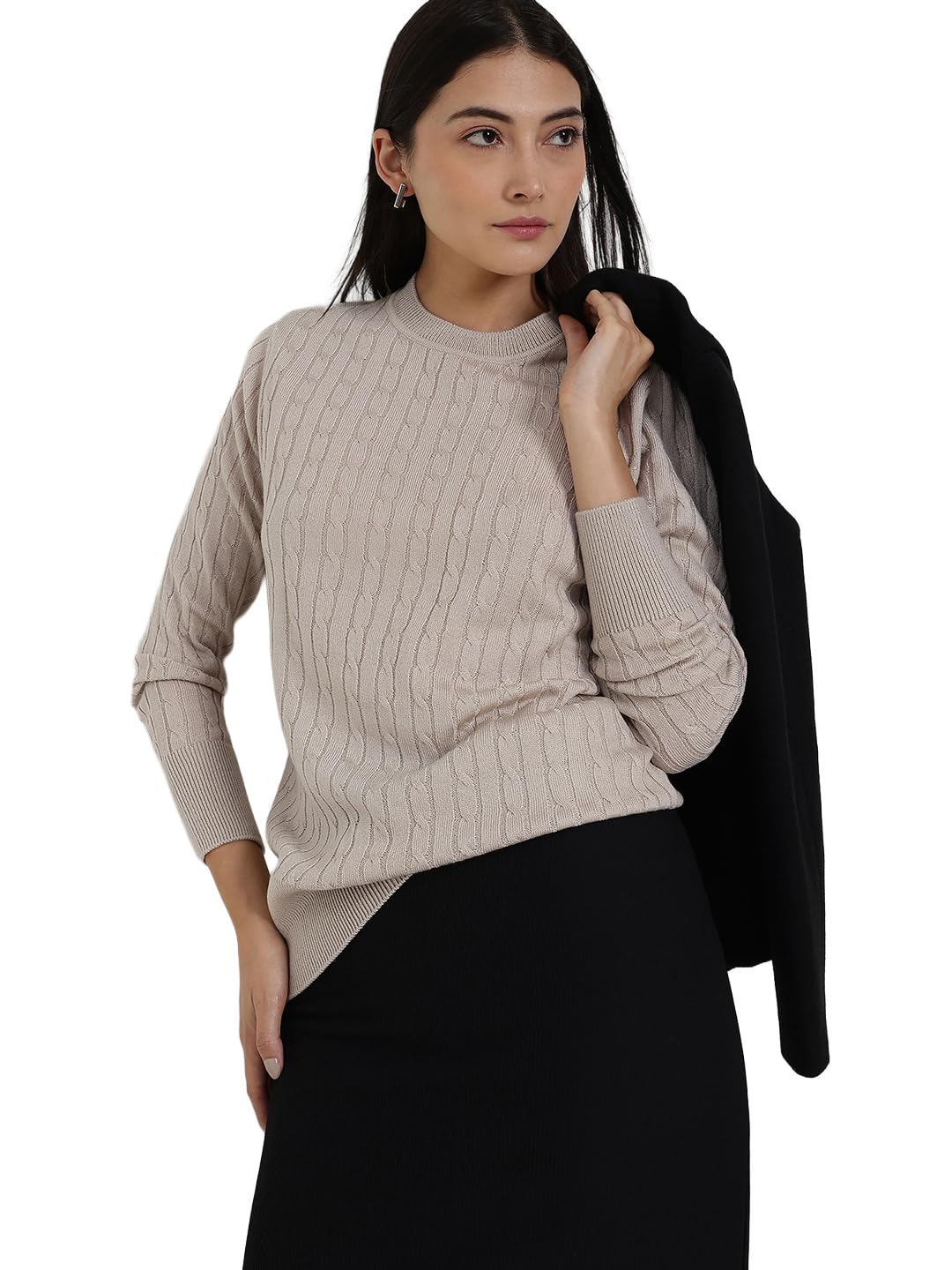 fablestreet Women Pullover Sweater | Round Neck Cable Knit Design with Ribbed Hemline & Long Sleeves | Soft Acrylic Fabric for Autumn & Winter Casual Wear-picture-3