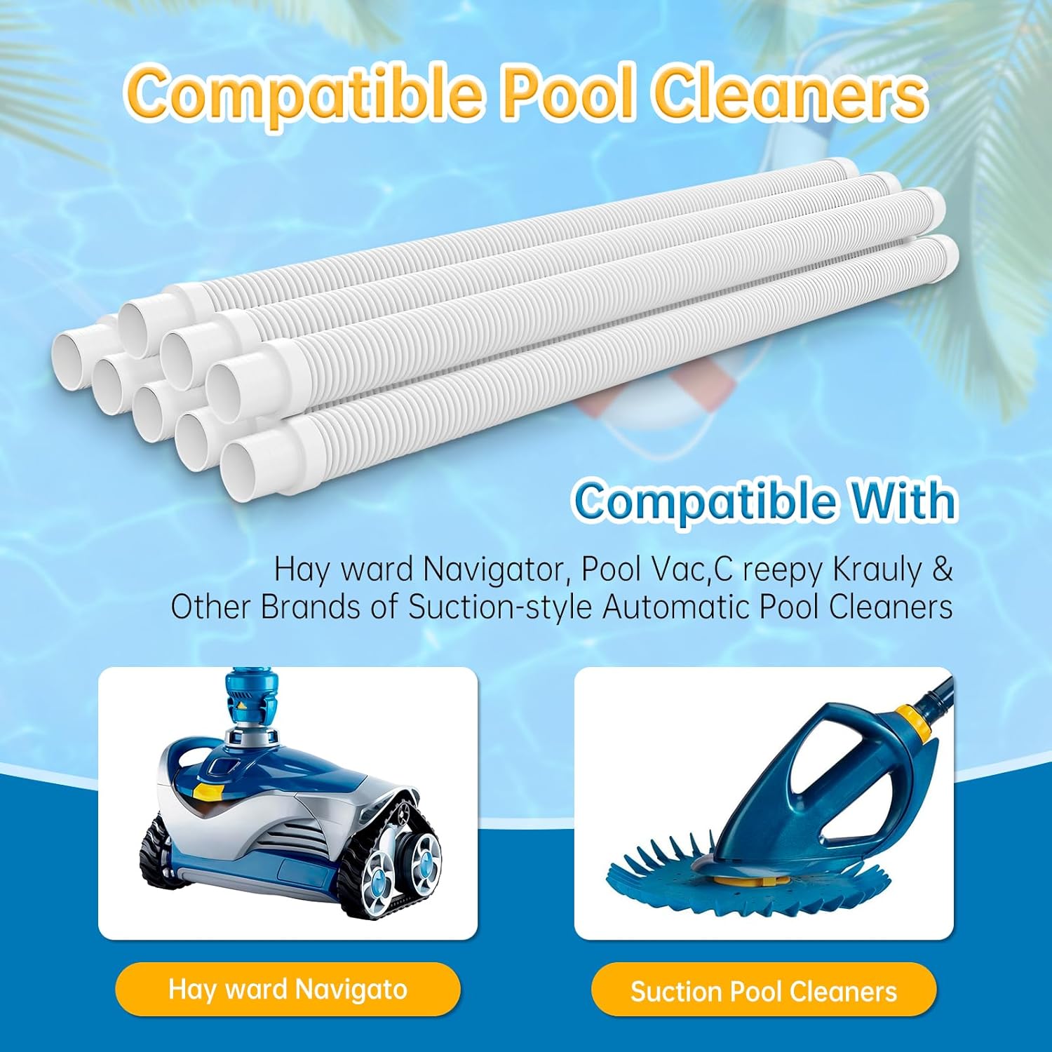 Swimming Pool Vacuum Hose, 1.5" 8 Piece Replacement Set for Most Automatic Pool Cleaners, Flexible Crush-Proof Tubes Fits Po-laris, Hay ward Navi-gator, K-reepy K-rauly, Bara-cuda