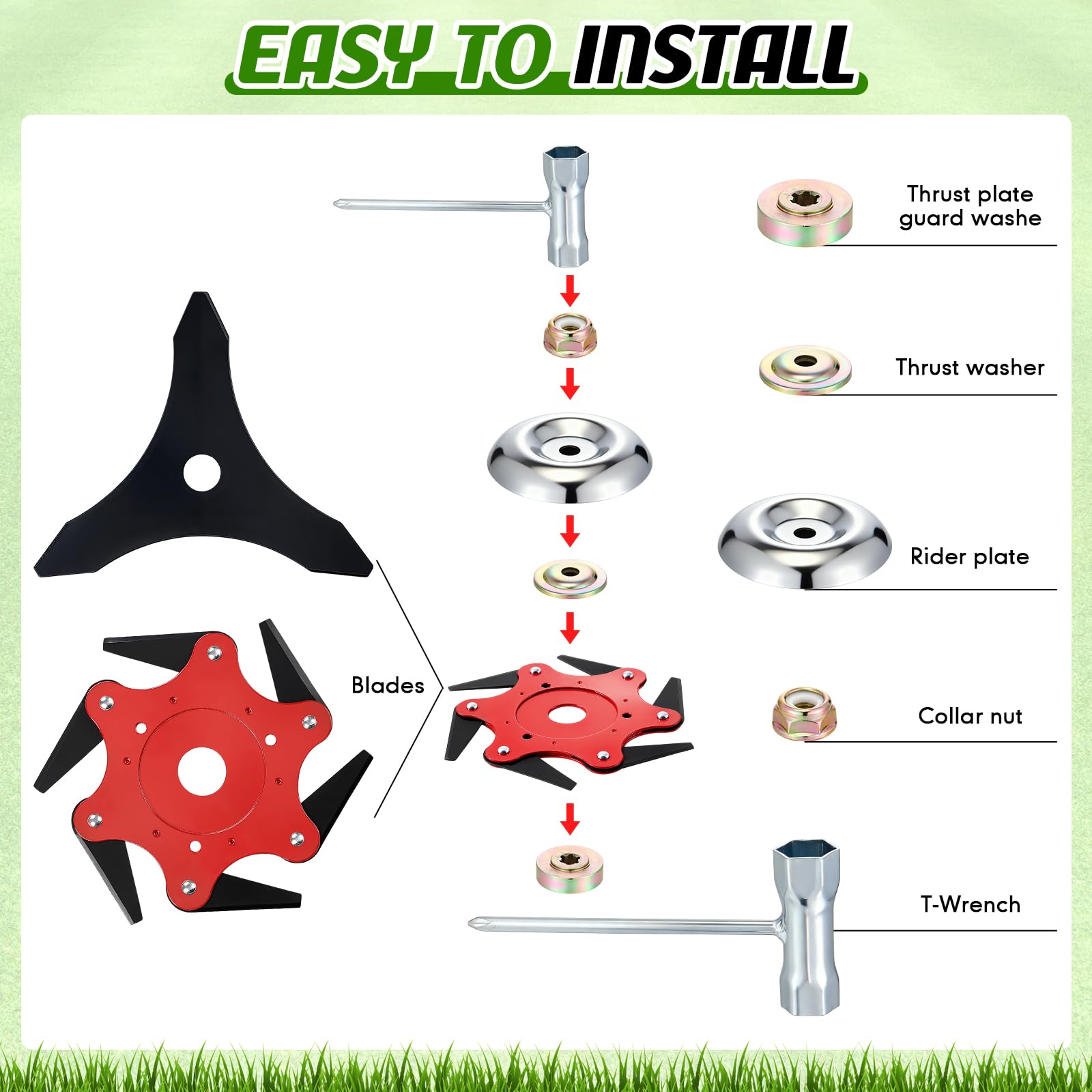 Threlaco Juego de 6 dientes de acero y 3 dientes de cepillo de cuchillas giratorias, guantes de metal, herramientas de corte de césped para accesorios de corte (rojo, 10 x 3 + 6 + 8 pulgadas)
