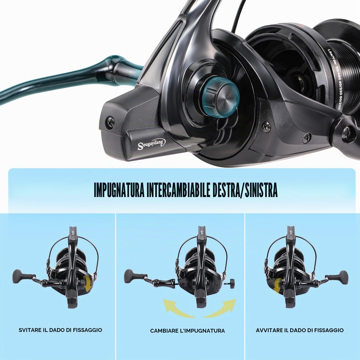 Sougayilang Mulinello da pesca surf, 11+1BB in acciaio inox, 10000 serie Super Powerful Drag, bobina di capacità di condotta sovradimensionale per acqua salata o acqua dolce pesce gatto carpa pesca
