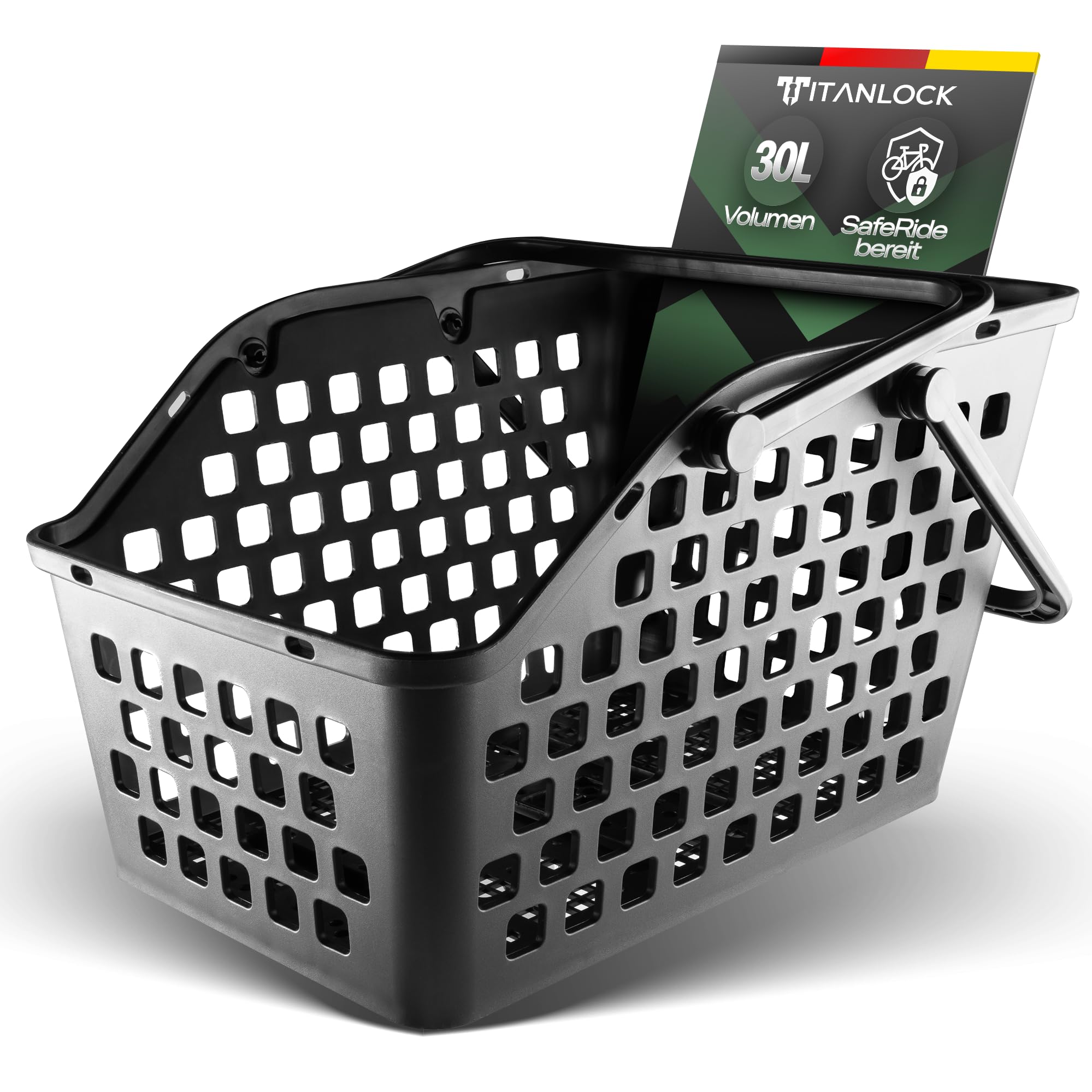 TITANLOCK Fahrradkorb Gepäckträger [30L Volumen 25kg Traglast] Schnelle + Leichte Montage Abschließbar SafeRide Basket