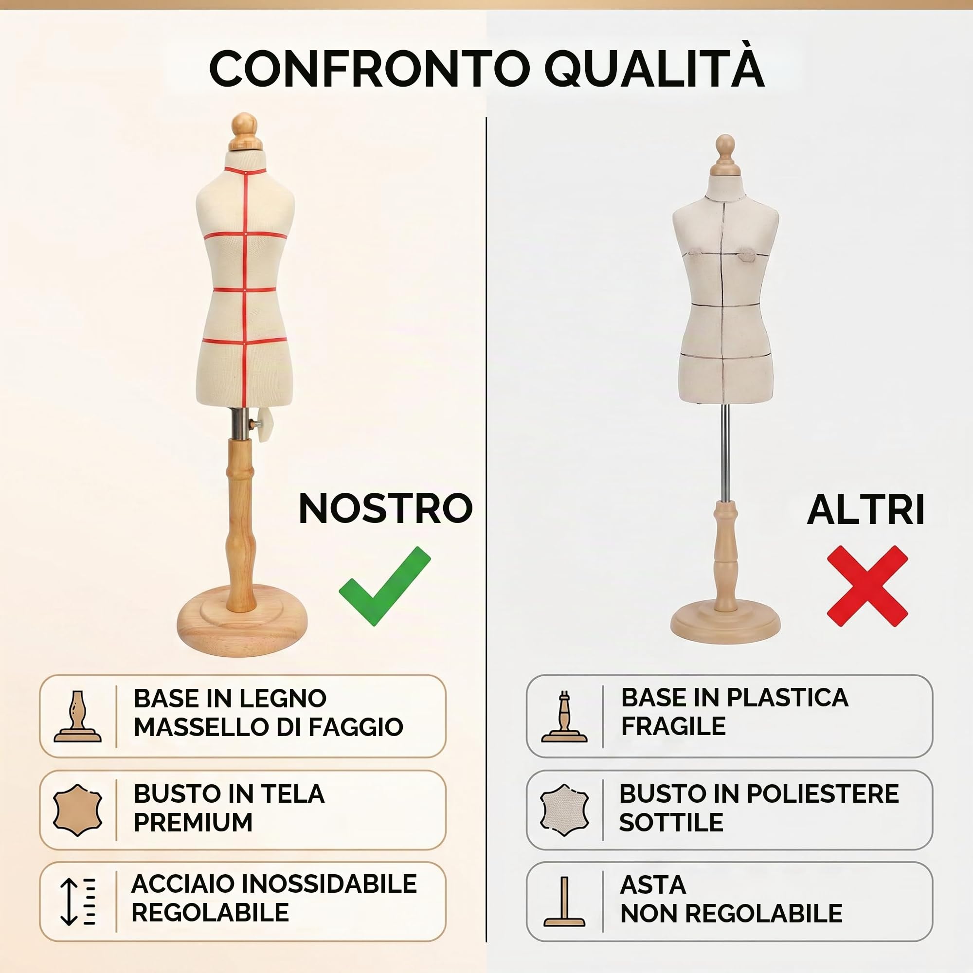 Torso di Manichino da , Manichino da Sarta Regolabile in Altezza con Braccia in Legno e Supporto per Cucire, Esposizione (Tipo 2)