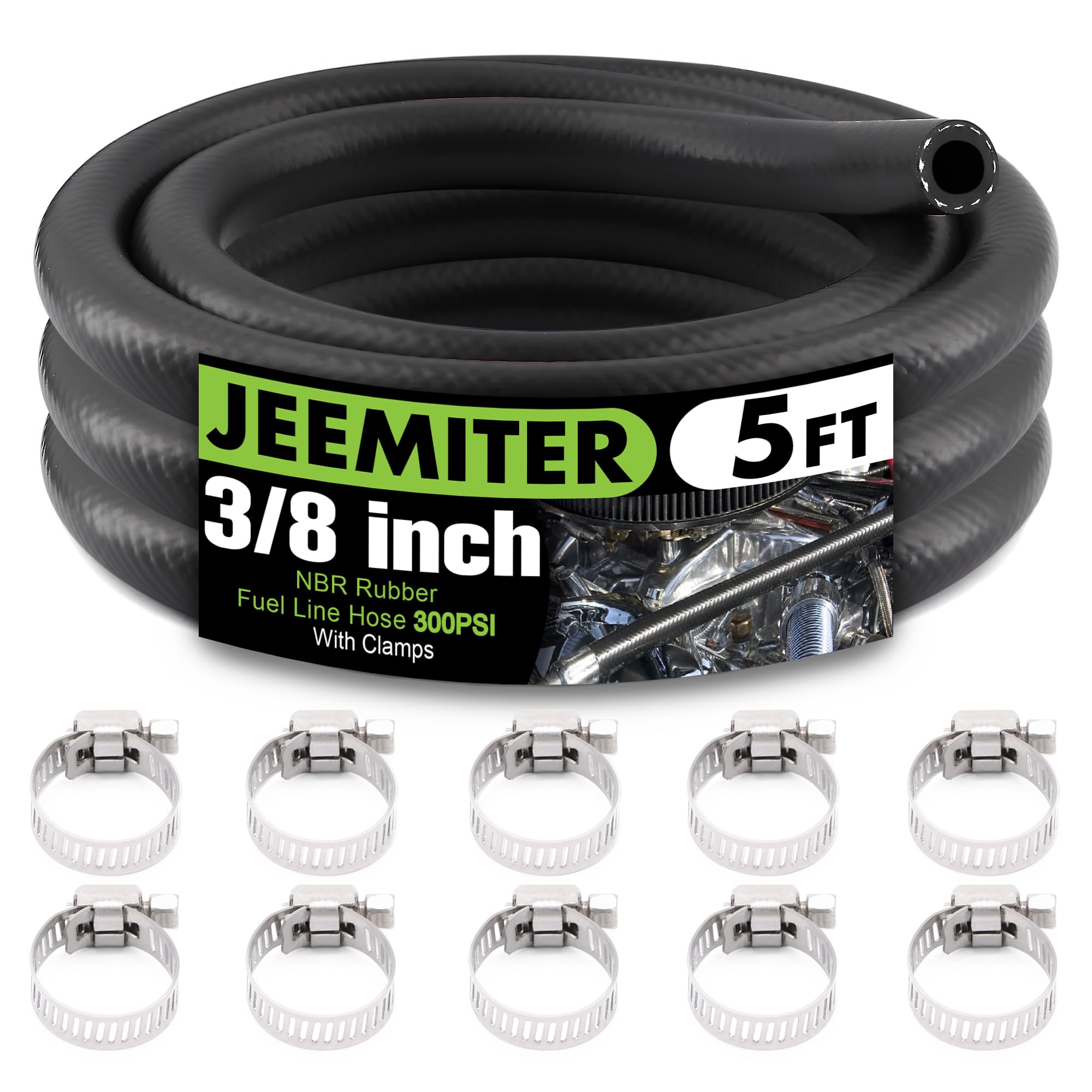 Jeemiter 3/8" ID Fuel Line Hose 5FT - SAE 30R7 Replacement Kit with 10 Clamps for Gas, Oil, Coolant - Fits Small Engines, Tractors, Automotive &amp; Marine Use