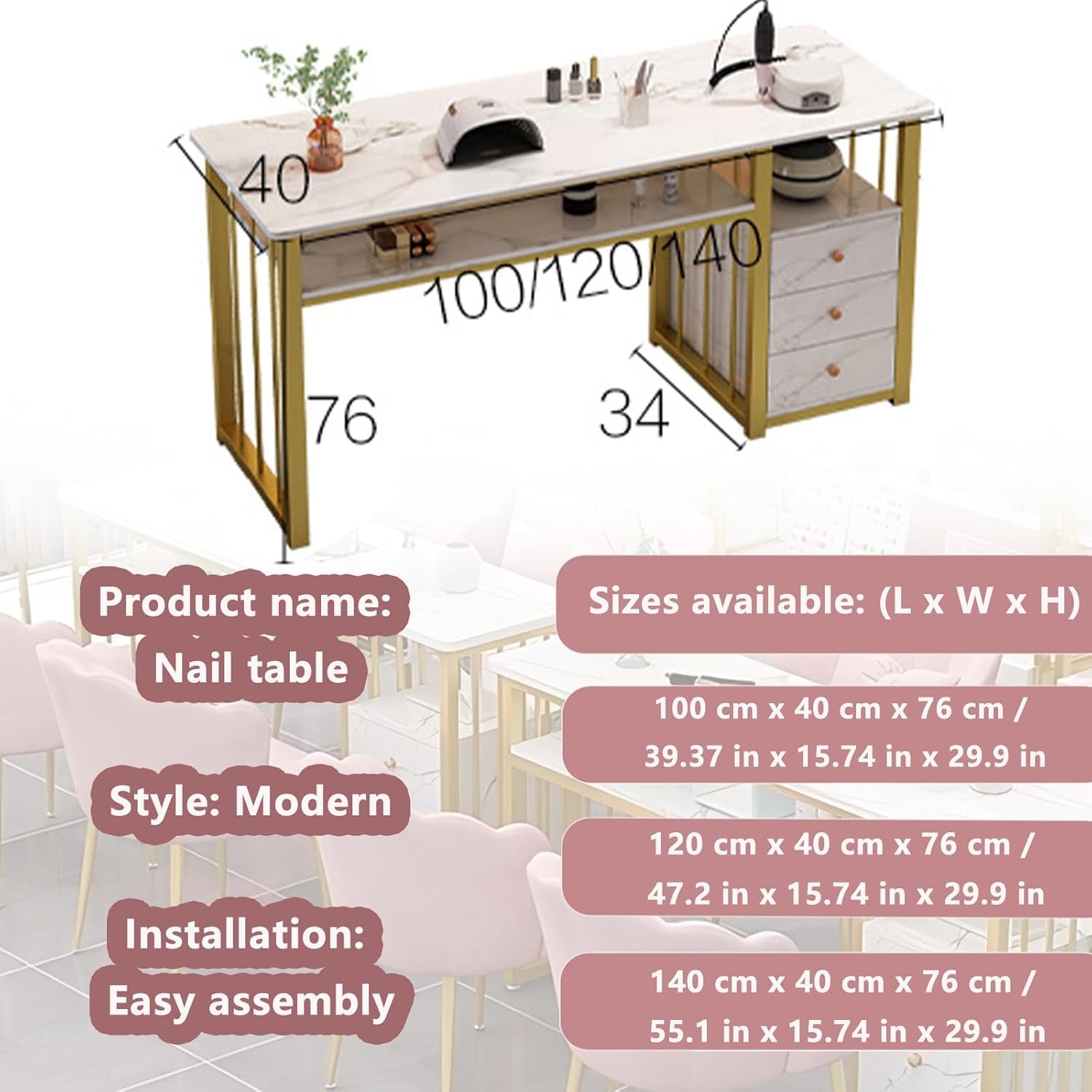 Scrivania per Unghie, Tavolo da Manicure Professionale, Scrivania per Manicure con Texture in Marmo con più Ripiani Aperti, Postazione di Lavoro per Salone Spa, Scrivanie per Tecnici, 100cm