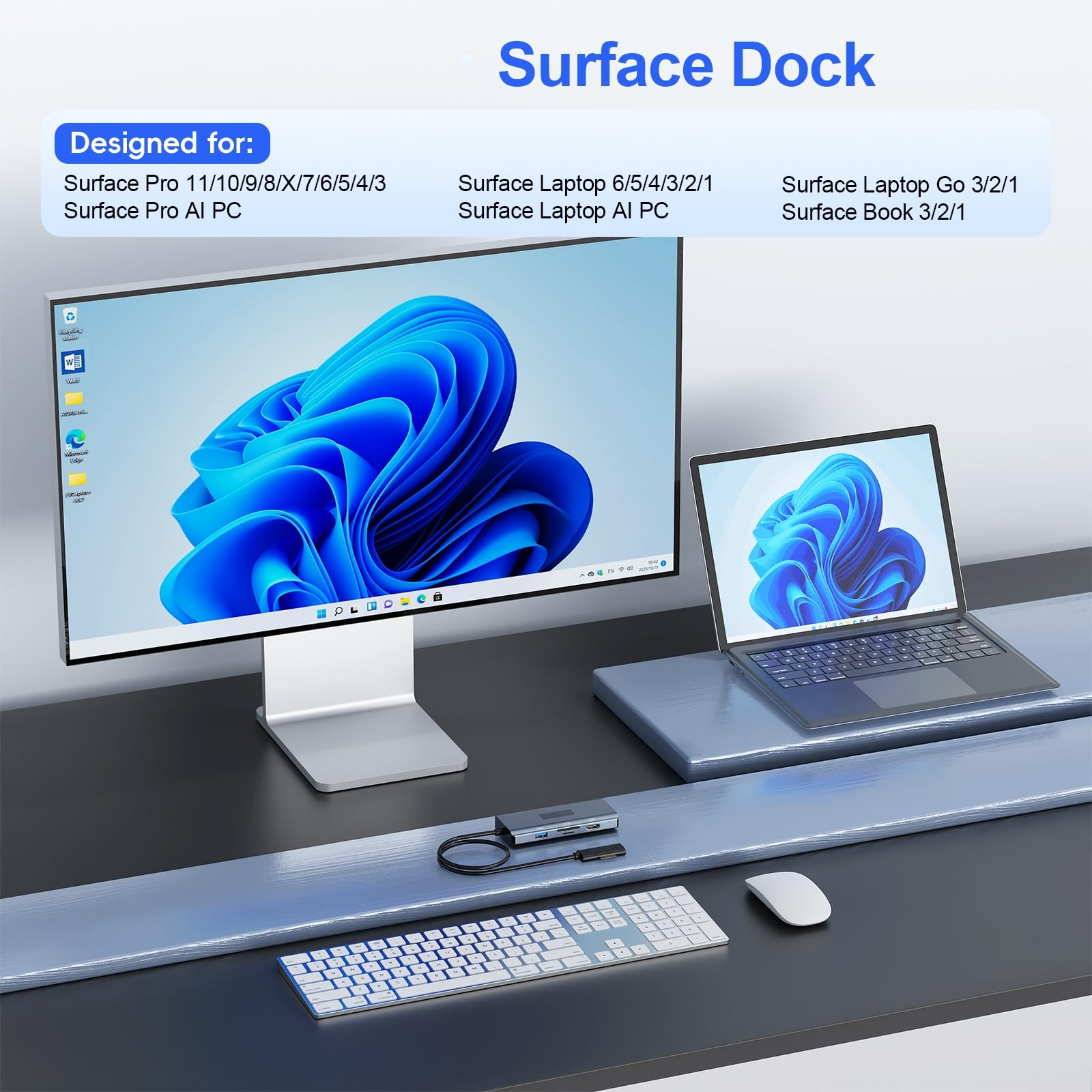 11-in-1 Surface Pro Docking Station, New Surface Dock 4K@60HZ HDMI, Surface Docking Station for Surface Pro 11/10/9/8/X/7/6/5/4/3, Surface Laptop 6/5/4/3/2/1, Surface Laptop Go 3/2/1, Surface Book — view 7